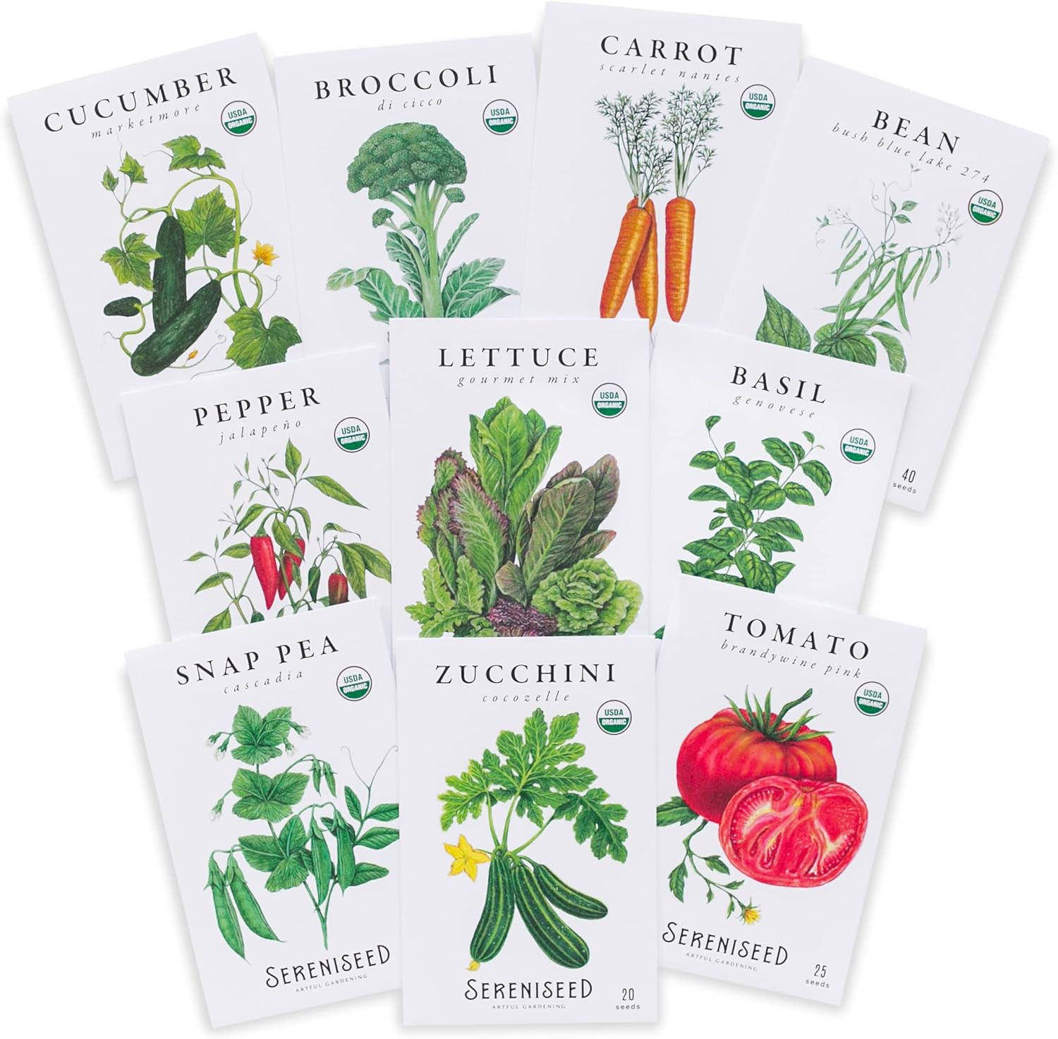 Certified Organic Vegetable Seeds (10-Pack) – Non GMO, Open Pollinated – Basil,
