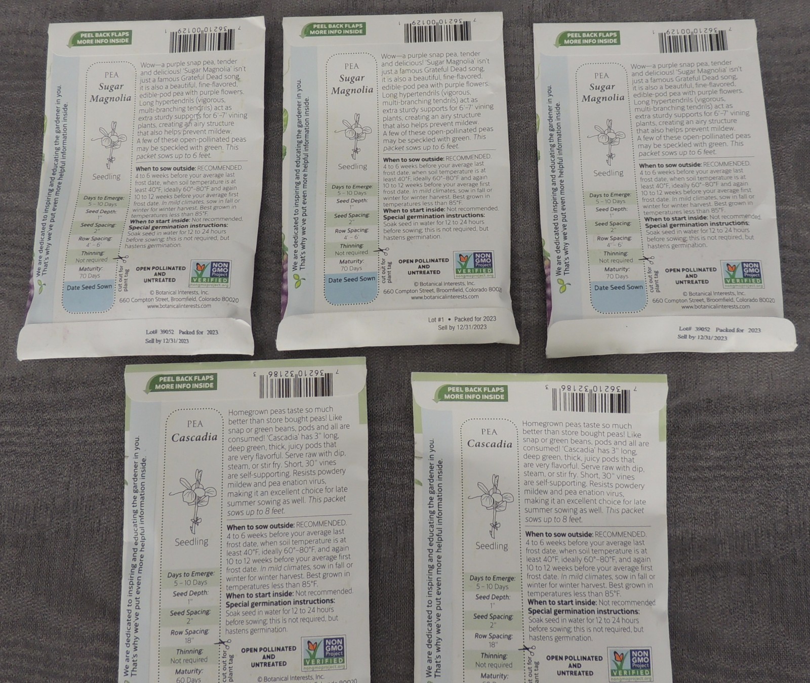 Lot of 5 BOTANICAL INTERESTS SEED PACKS SUGAR MAGNOLIA & CASCADIA SNAP PEAS
