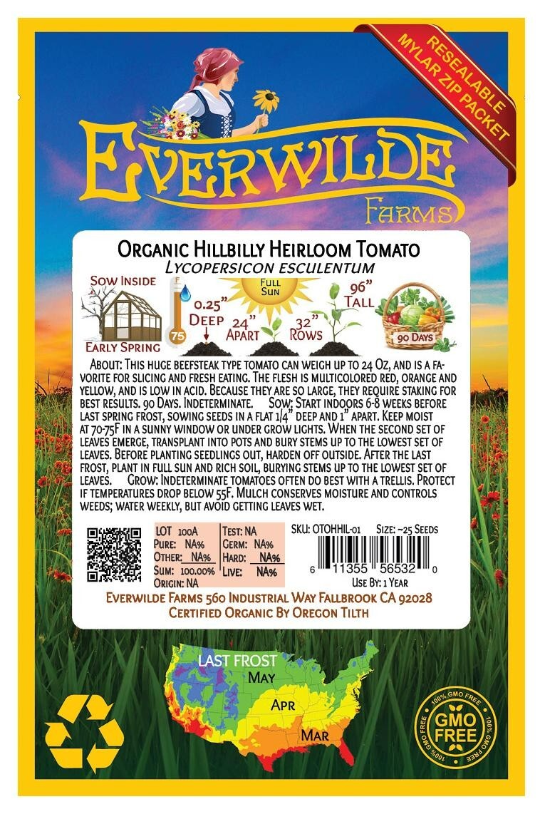 25 Organic Hillbilly Heirloom Tomato Seeds – Everwilde Farms Mylar Seed Packet