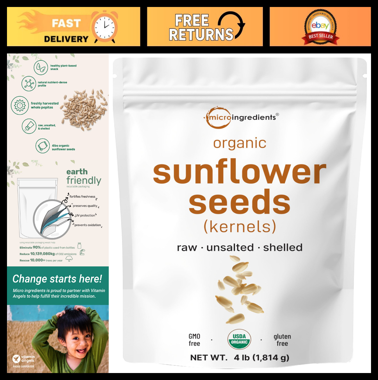 Organic Sunflower Seeds 4lbs – Raw Unsalted Shelled Kernels | Low Carb Snack, Ba