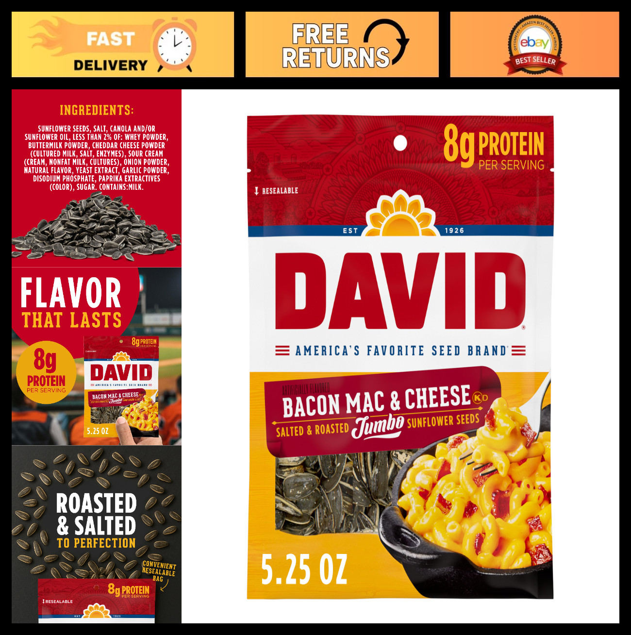 Jumbo Bacon Mac & Cheese Sunflower Seeds – 5.25 oz, Pack of 12 Snacks