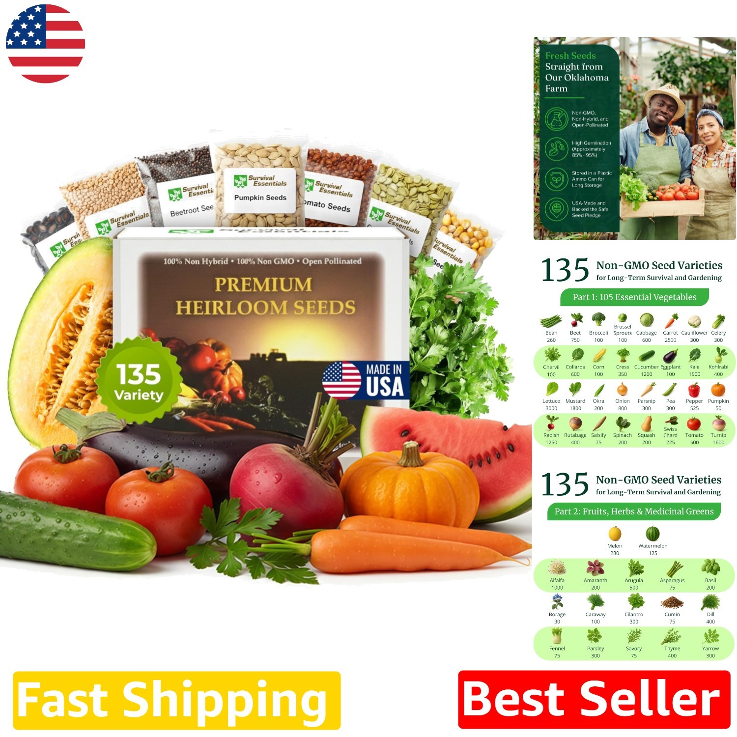 Heirloom Seeds: 135 Variety Vault, Non-GMO, USDA Zones 1-11, Organic Vegetabl…