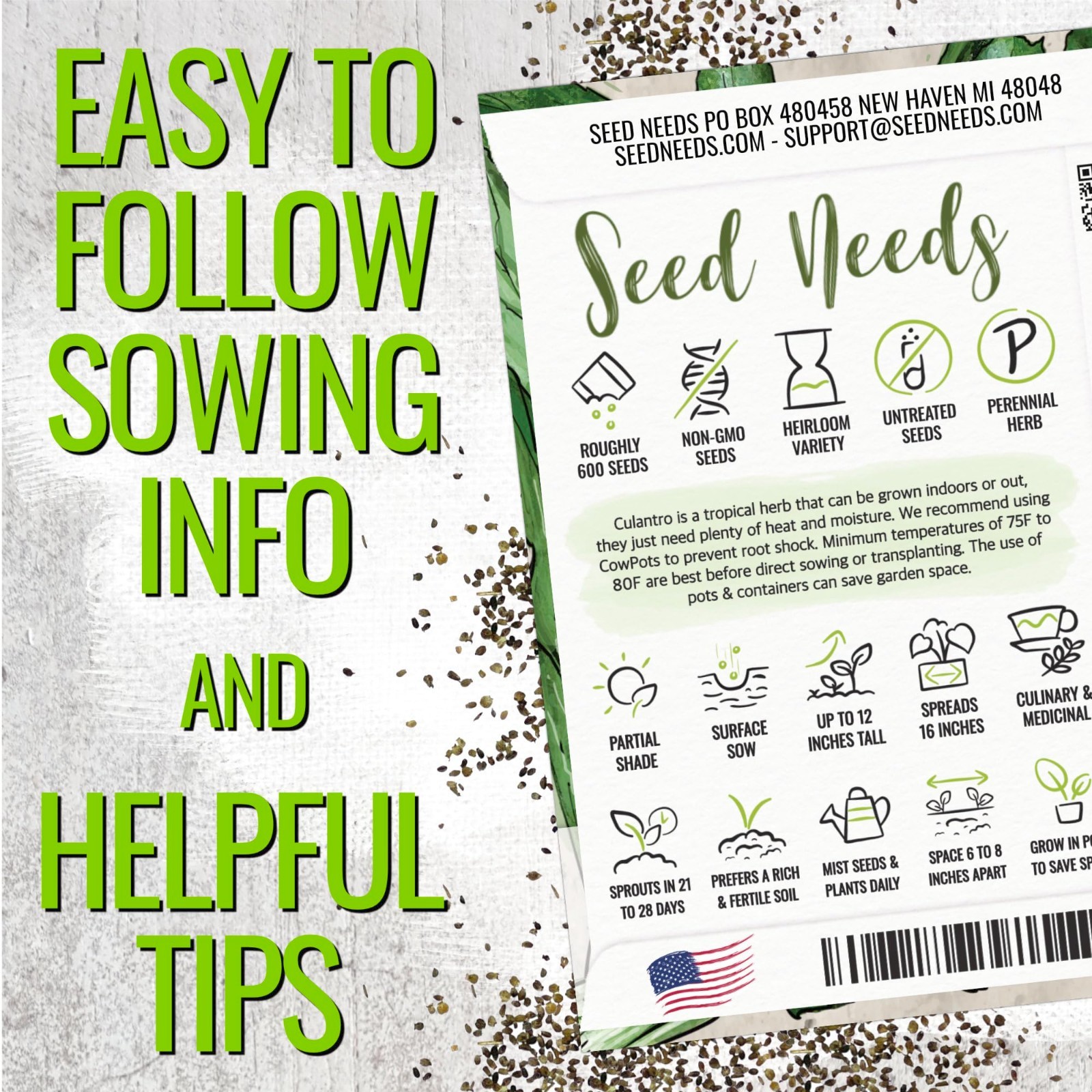 Culantro Seeds for Planting Mexican Coriander – Non-GMO Heirloom & Untreated Cu