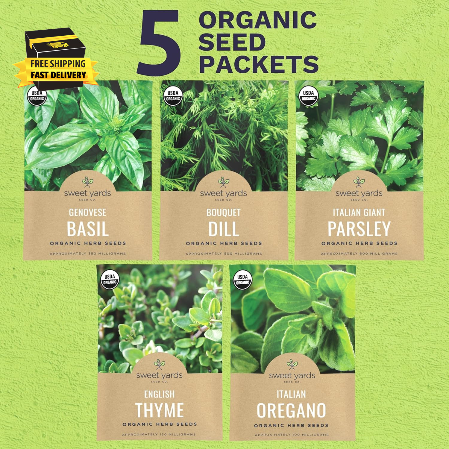 Organic Herb Seeds Variety Pack – 5 Individual Packs – 2026 Season – Basil, Oreg