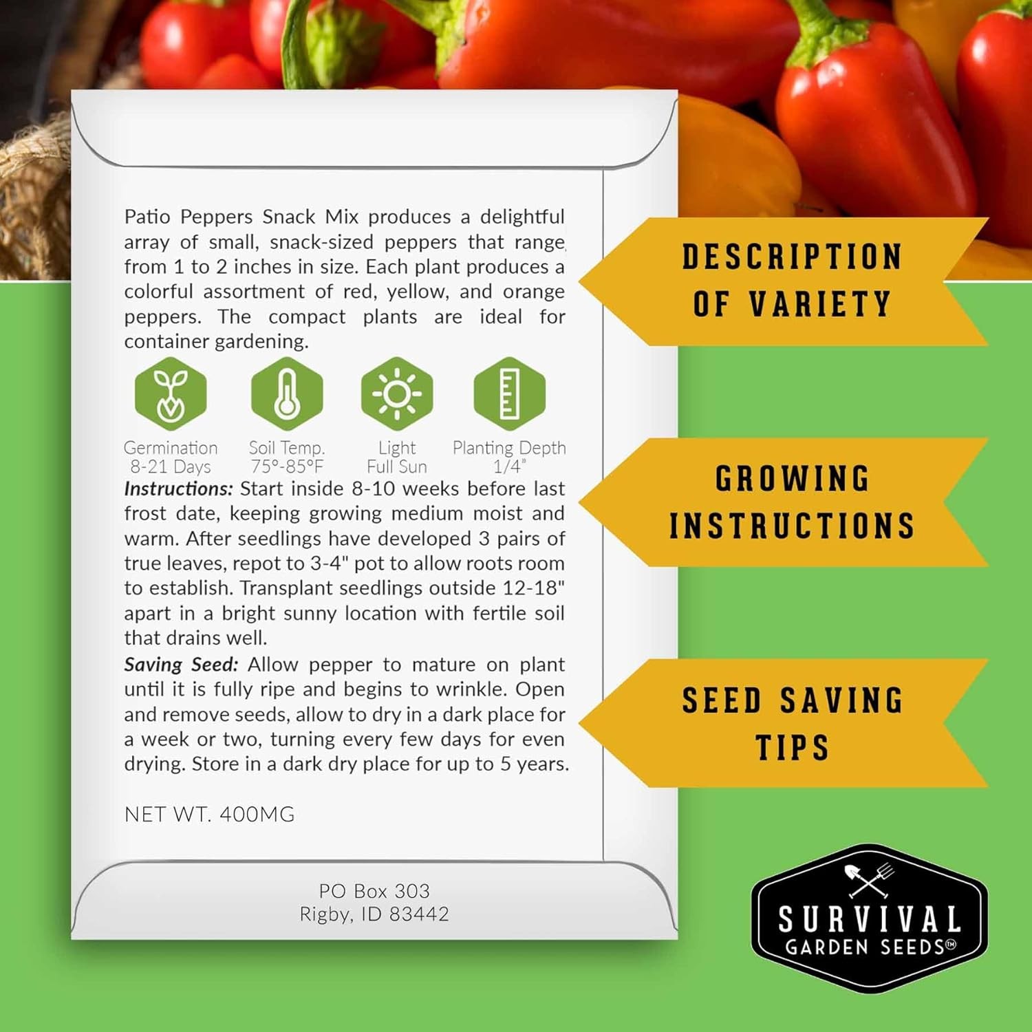 Patio Snack Mix Mini Sweet Pepper Seeds for Planting | Compact Lunchbox-Style He