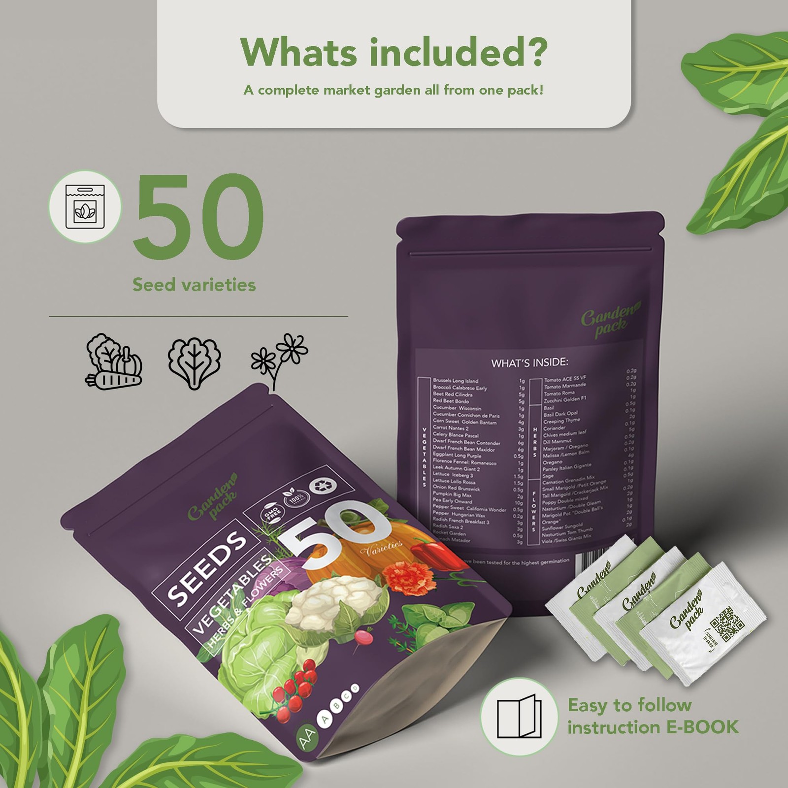 Seeds Pouch 50 Varieties Vegetable Herb Flower Seeds 25000 Non-GMO Heirloom