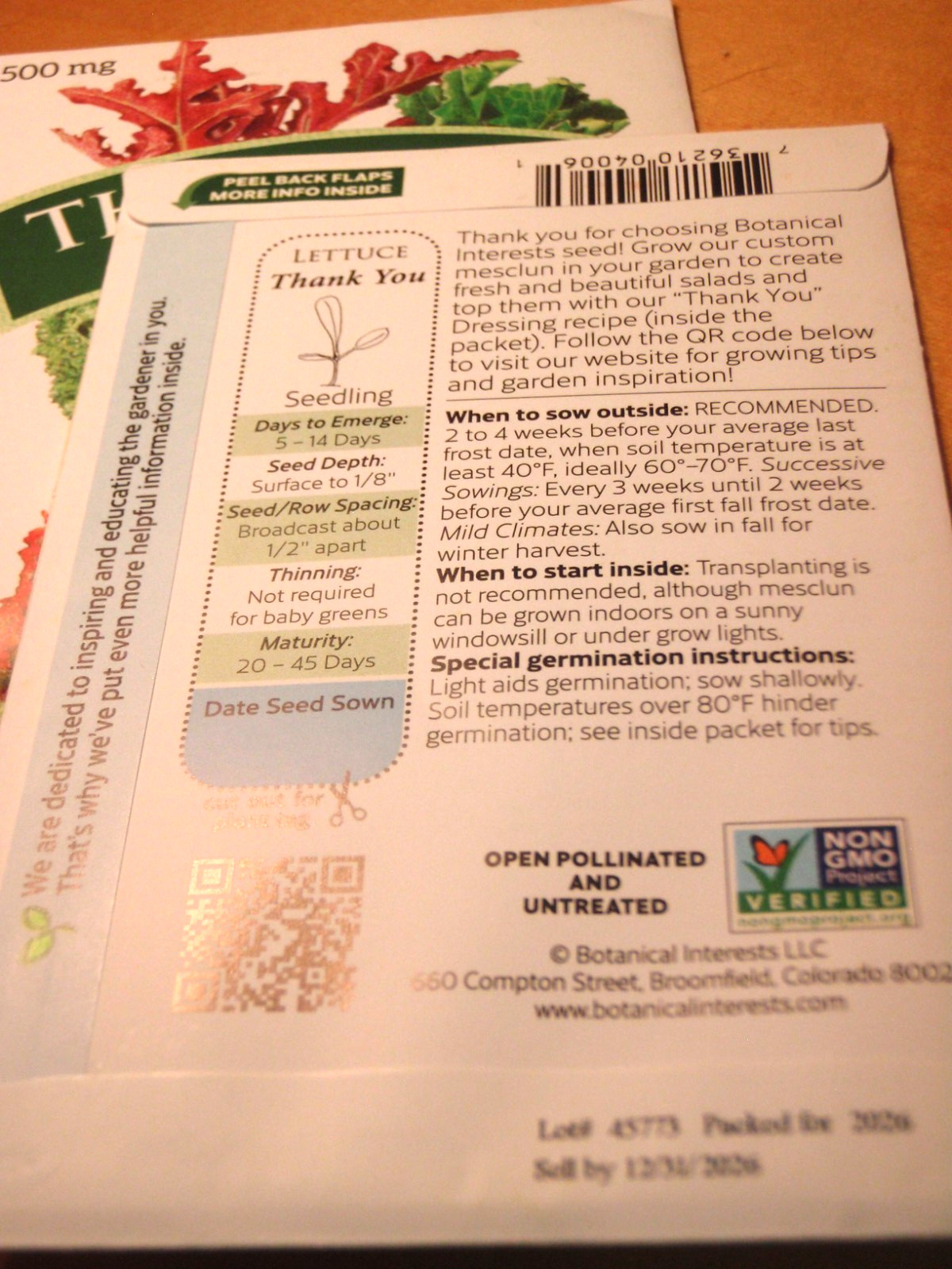 2026 SEASON-10 BOTANICAL INTEREST LETTUCE MESCLUN SEED PKGS-500MG EA/5,000 TOTAL