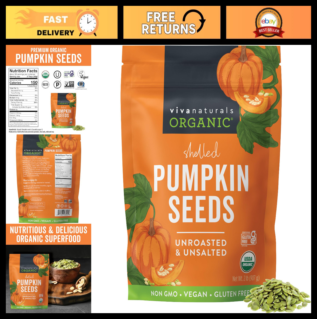 Organic Pumpkin Seeds 2 lb – Shelled, Unroasted, Unsalted, Non-GMO, Vegan, High