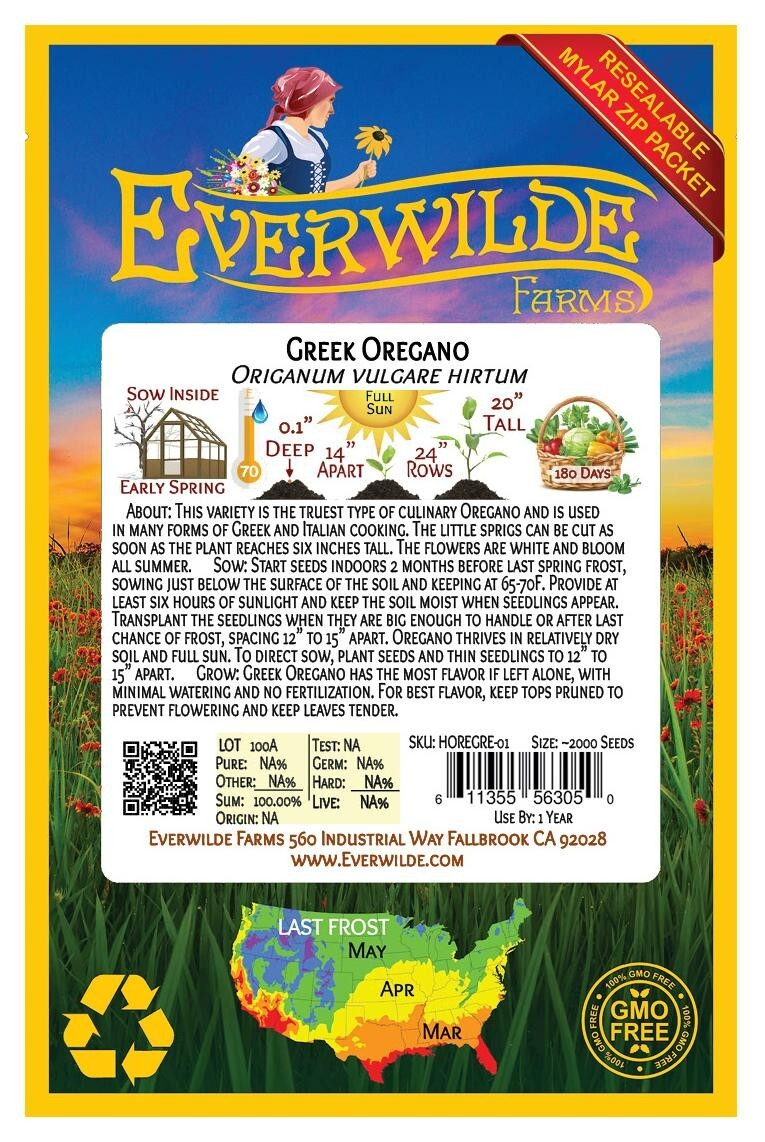 2000 Greek Oregano Herb Seeds – Everwilde Farms Mylar Seed Packet