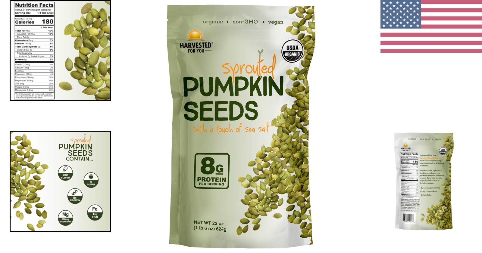 Sea Salted Sprouted Pumpkin Seeds, 22oz Bag, Non GMO, Paleo, Gluten Free, , O…