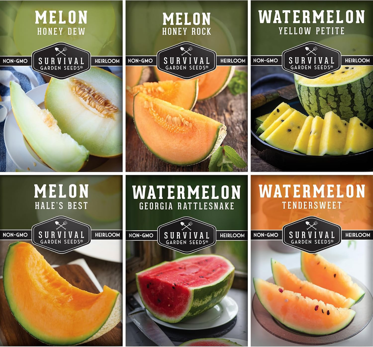 Melon Seeds for Planting Variety Pack – 6 Heirloom Cantaloupe, Honeydew & Waterm