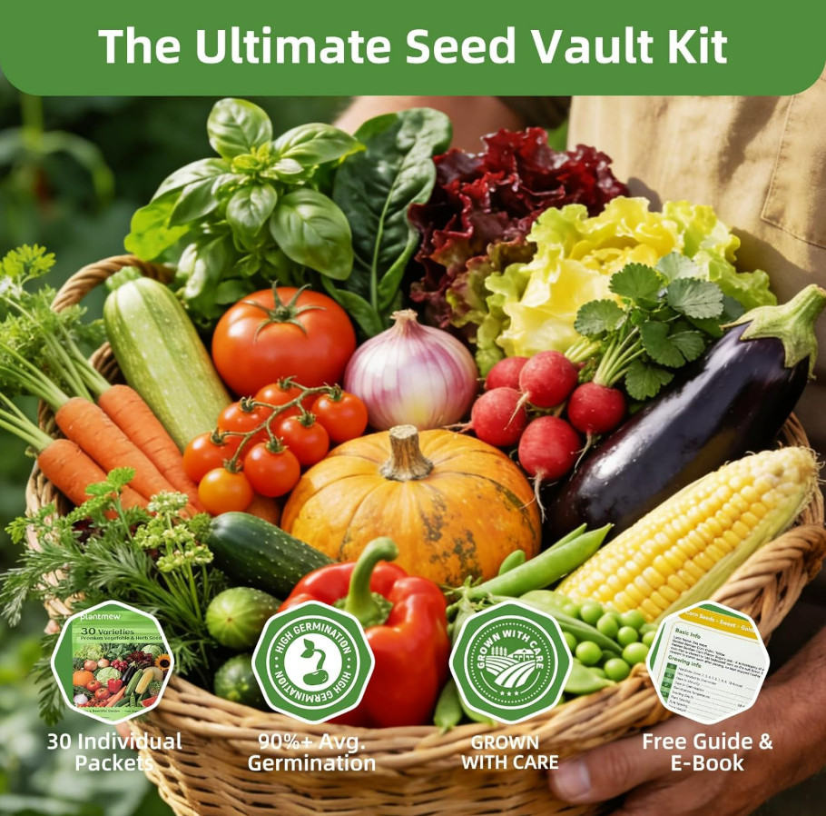 Heirloom Vegetable Seeds Kit, 15,000+ Non-GMO Seeds for Indoor & Outdoor Grow XL