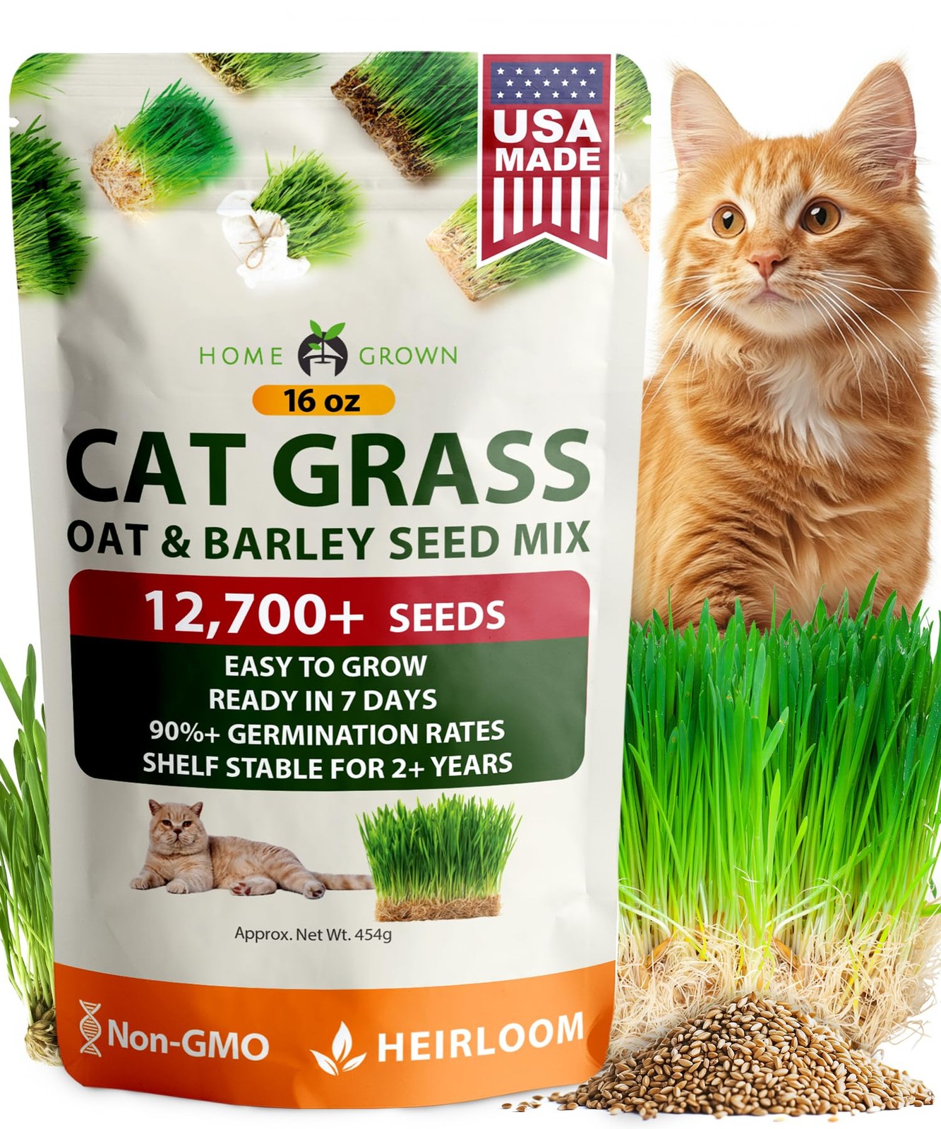 Non GMO 1 Pound Cat Grass 12,700+ Seeds for Cat & Kittens Oat & Barley Mix 10…