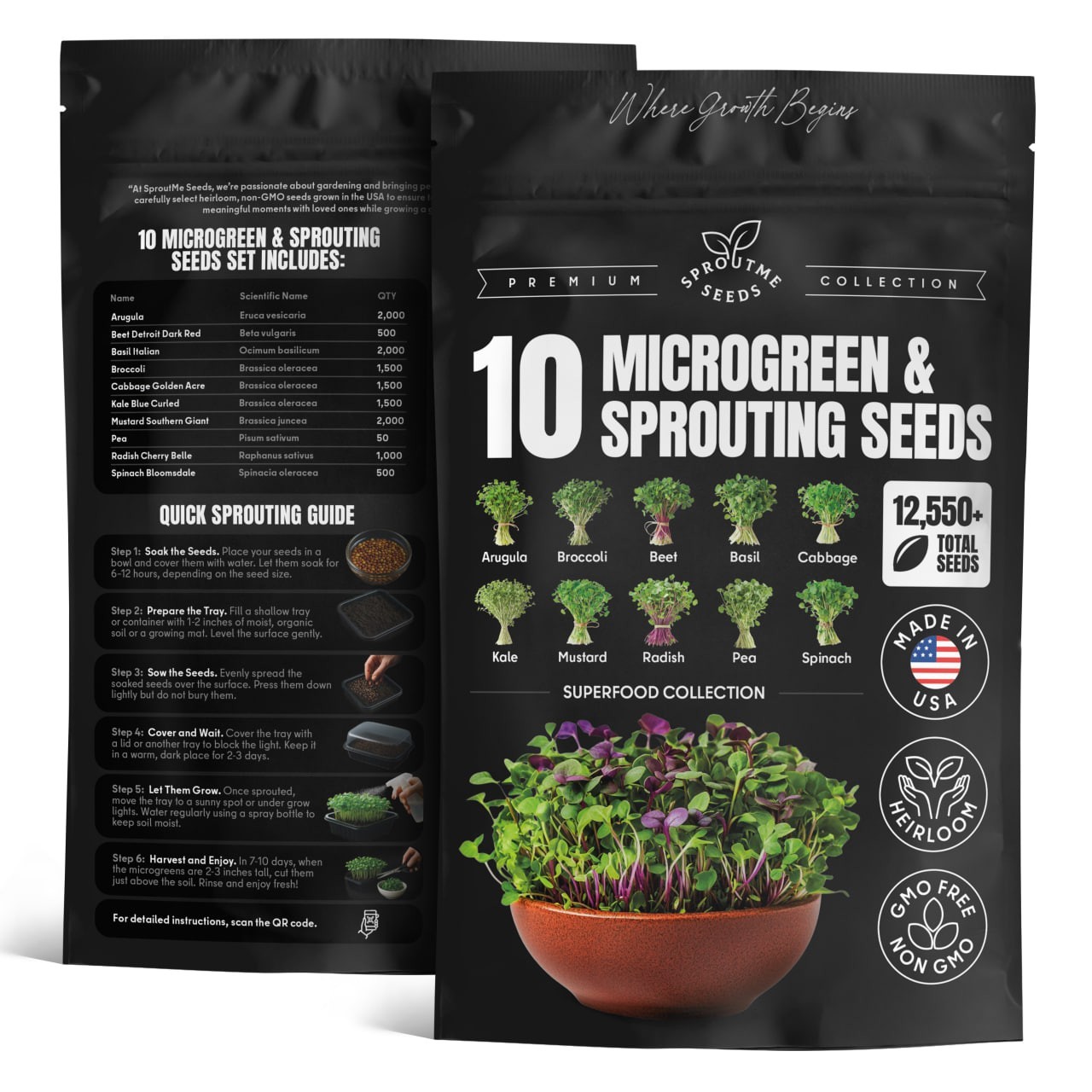 Microgreens & Sprouting Seeds Variety Pack, 10 Varieties, Non-GMO, 12550+ Seeds