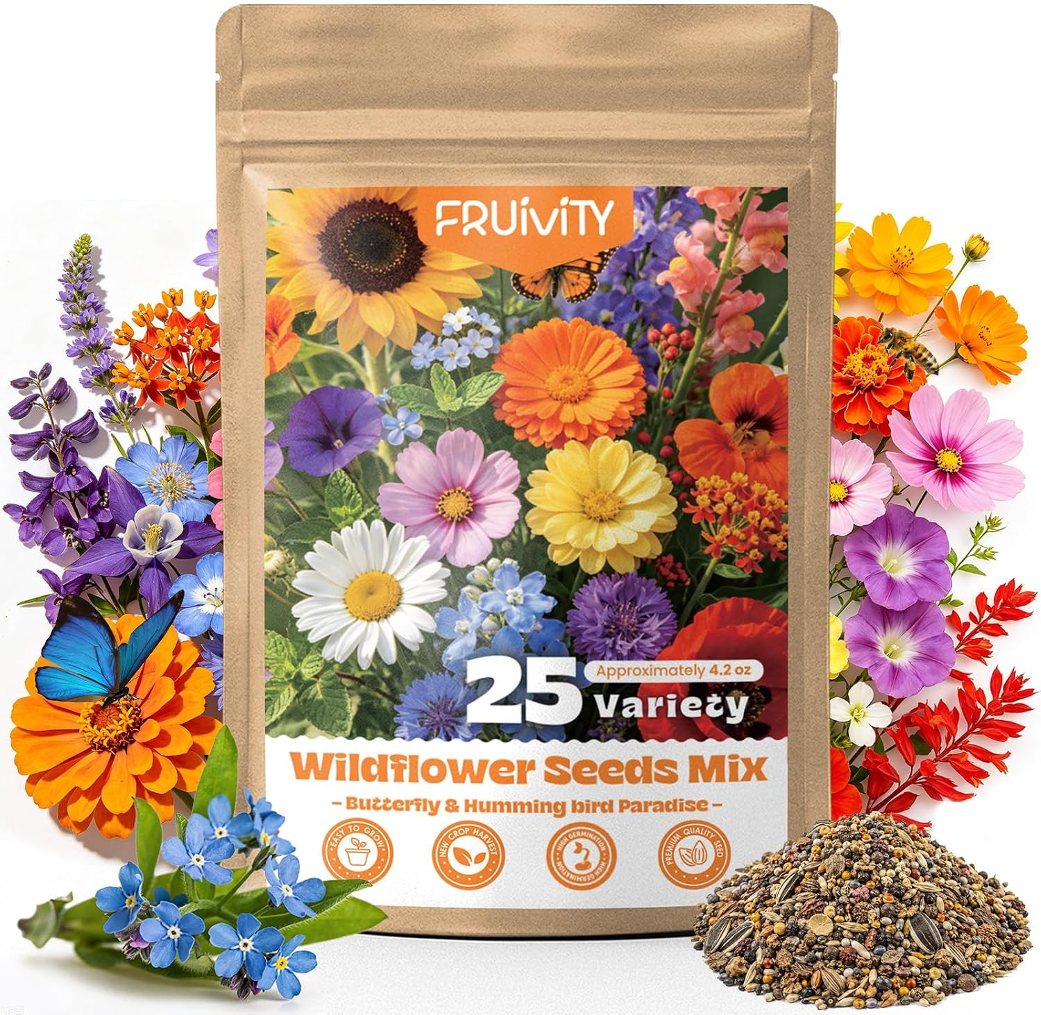 100,000+ Wildflower Seeds Bulk (4Oz) – 25 Varieties Annual & Perennial Mix, High