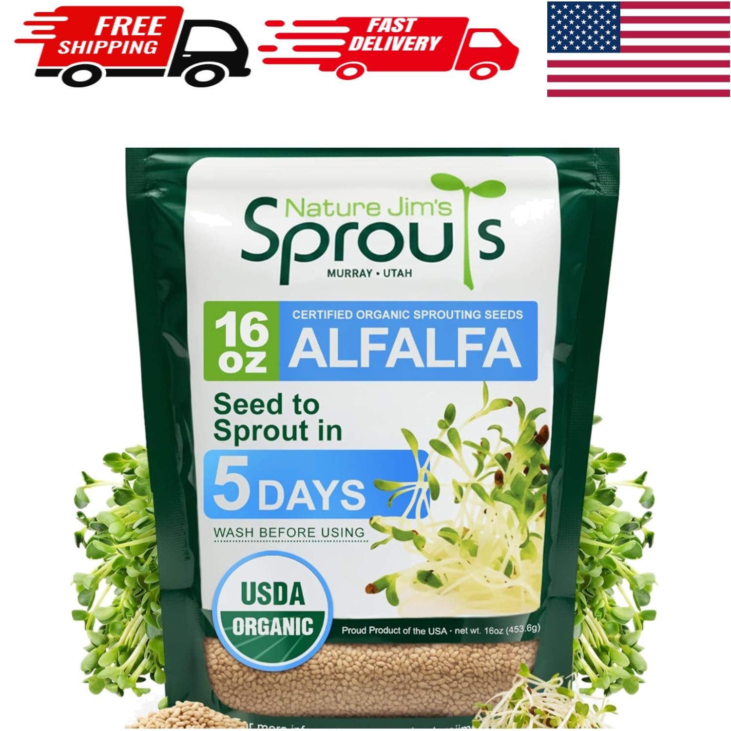 Non-GMO Organic Alfalfa Seeds – 16oz Sprout Growing Kit for Home Gardens