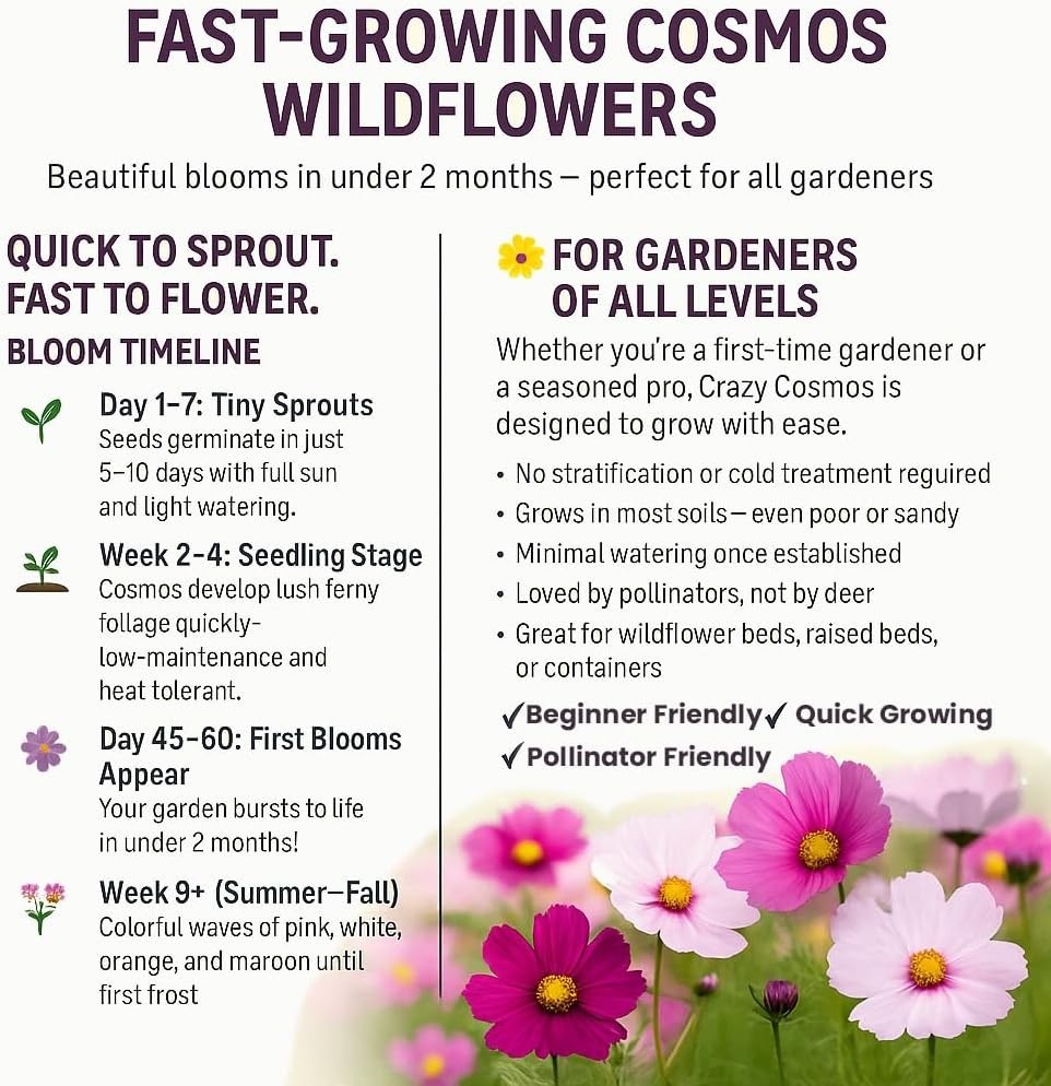 CRAZY COSMOS SEEDS 50+- count~pollinator~mixed colors~fast growing