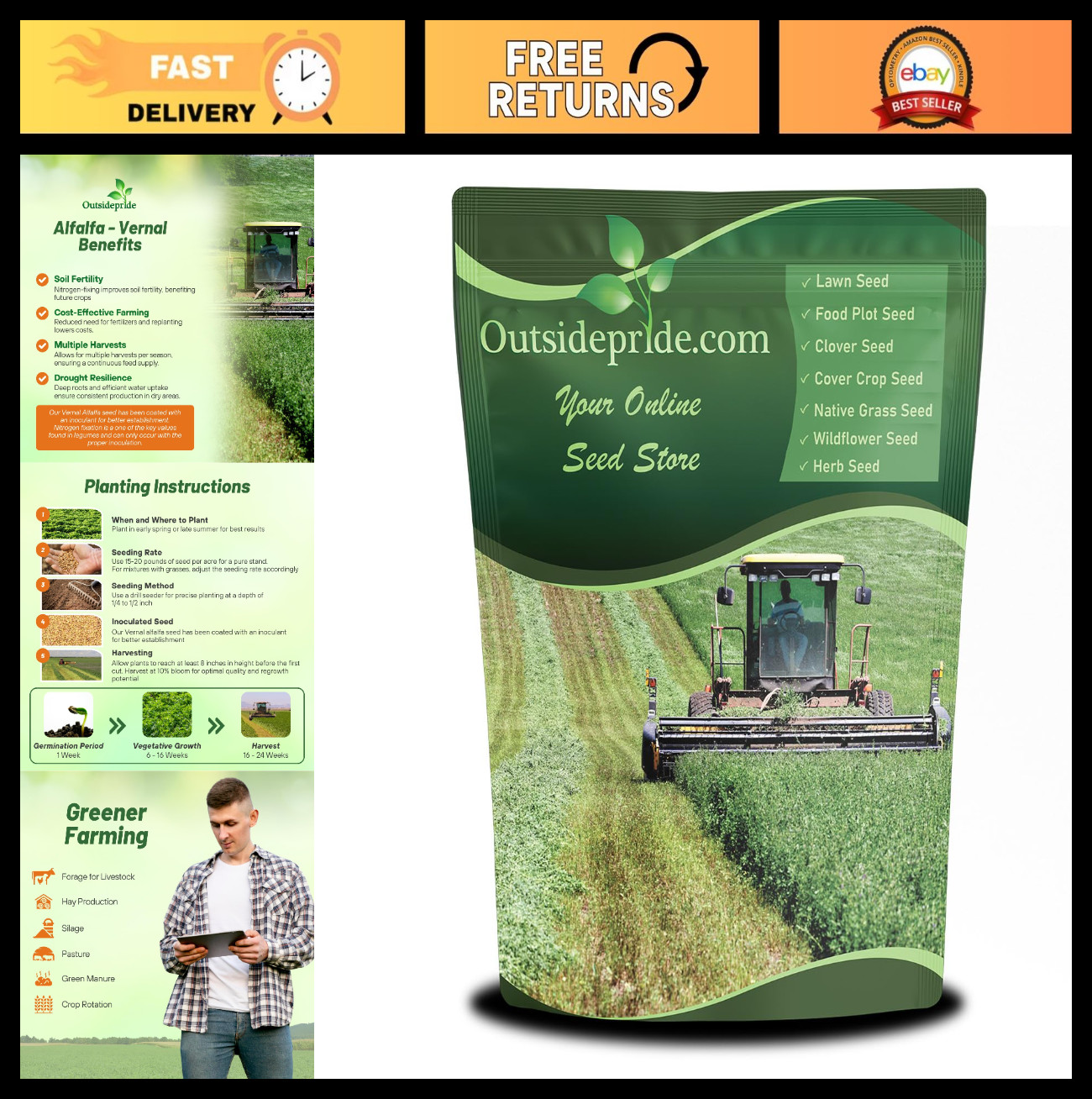 High Yield Perennial Alfalfa Seeds – 10 lbs Nitrocoated, Inoculated Forage Legum