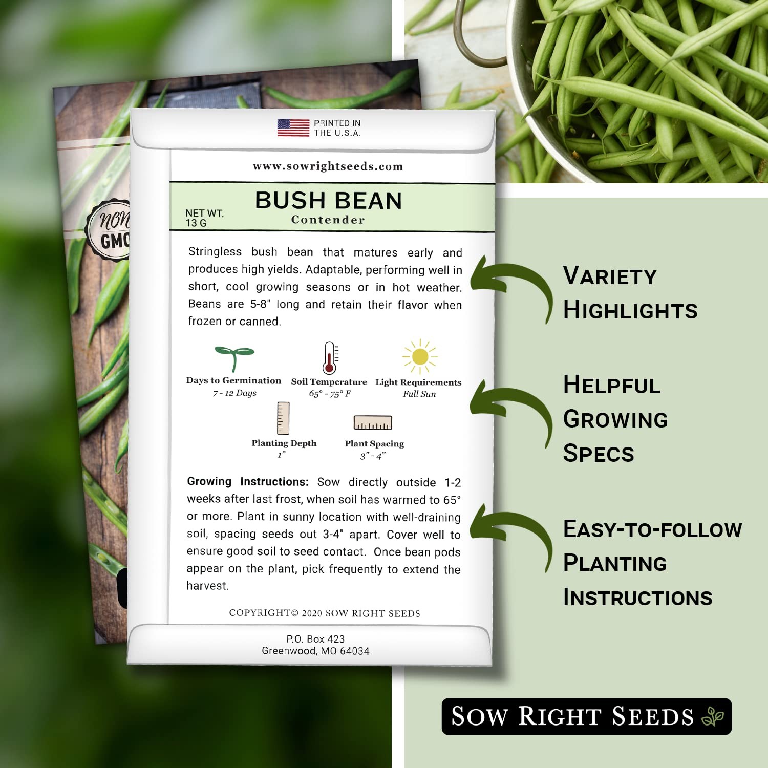Sow Right Seeds Contender Bush Green Bean Seeds for Planting Non GMO Heirloom