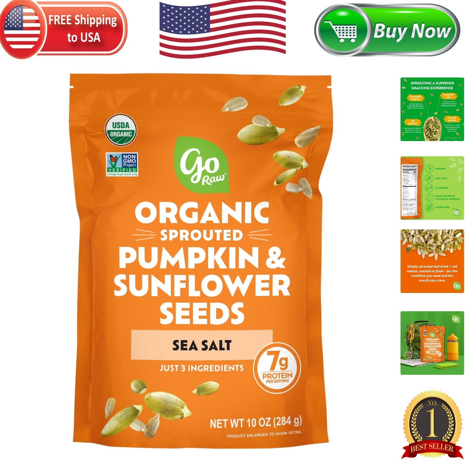 Healthy Snack Pack: Organic Sprouted Pumpkin & Sunflower Seeds, 10oz Resealable