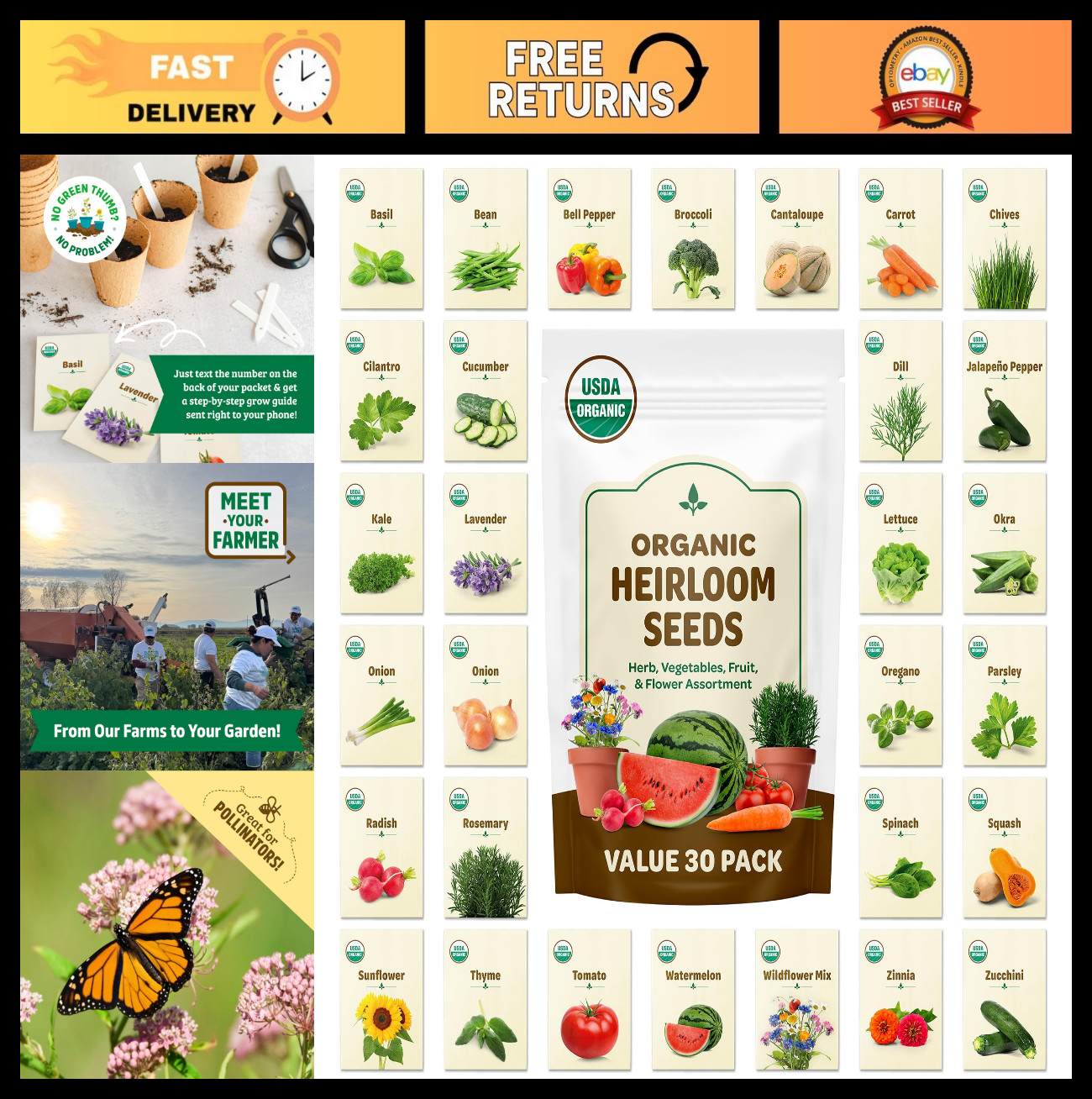 100% Heirloom Organic Seeds Variety Pack – 30ct Veggies, Herbs & Flowers