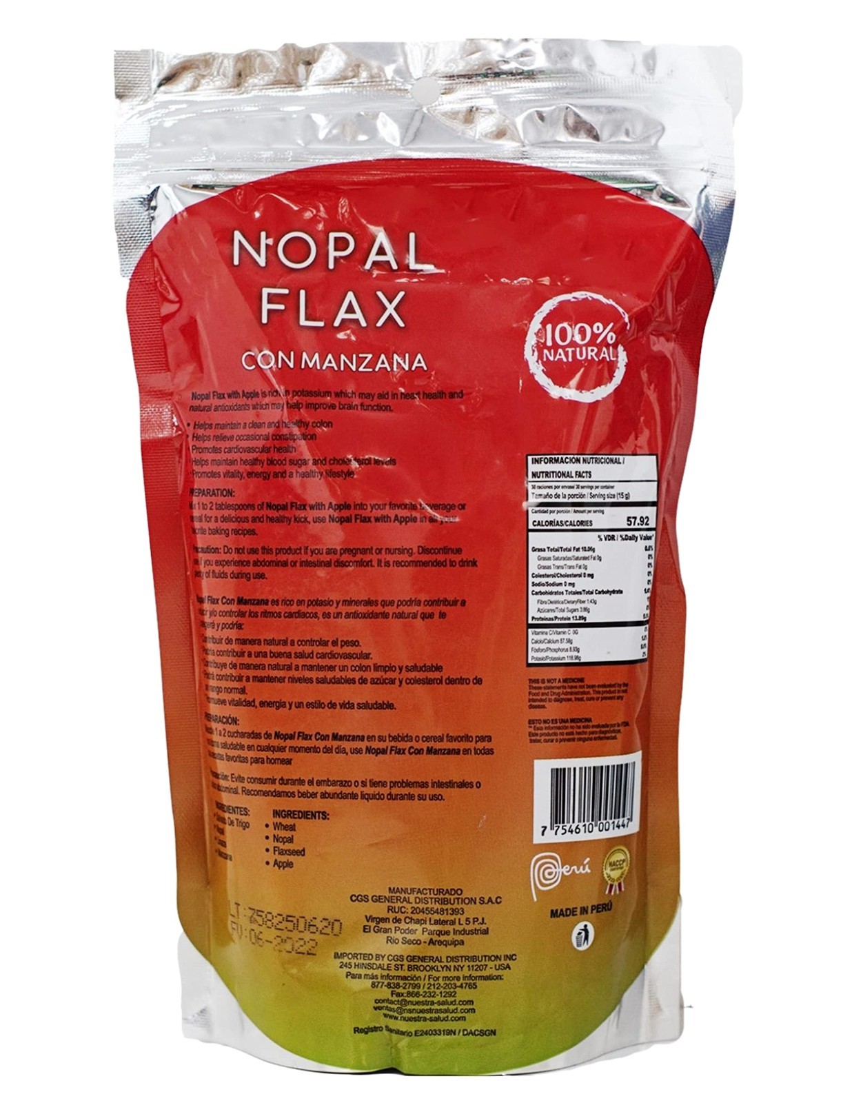 100% Natural Milled Flax Seed with Nopal & Apple – 454g (1lb) – Healthy Superfoo