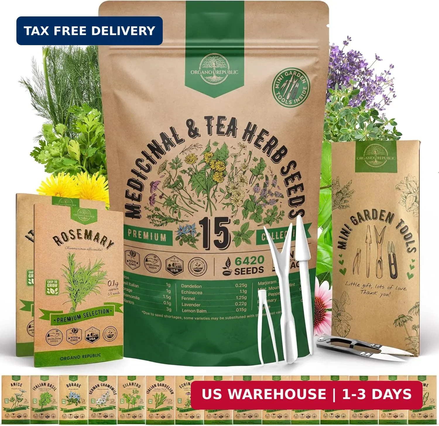 Organo Republic 15 Medicinal & Tea Herb Seeds Variety Pack 6,420+ Non-GMO Heirlo