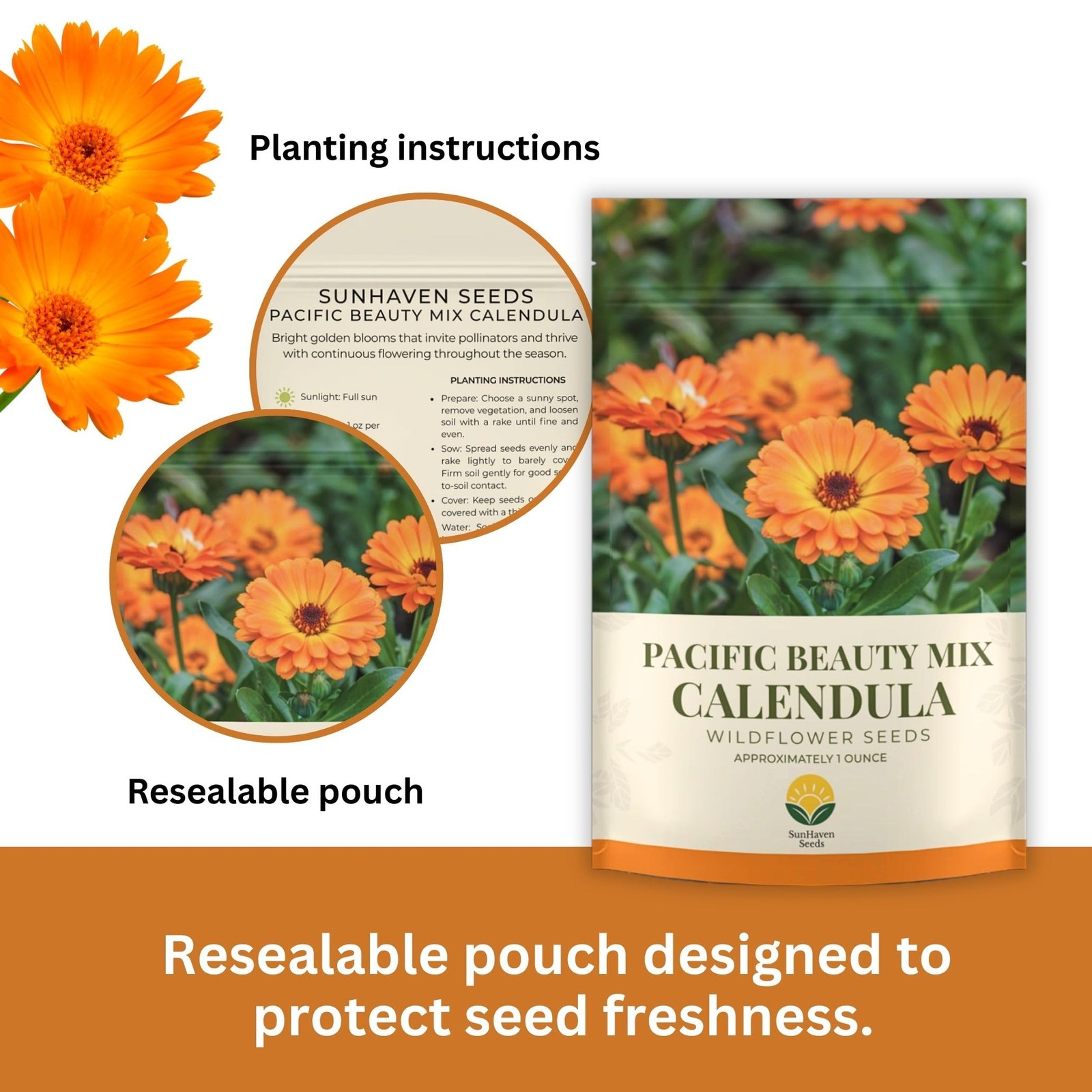 SunHaven Seeds Calendula Pacific Beauty Mix – 3,000+ Orange and Yellow
