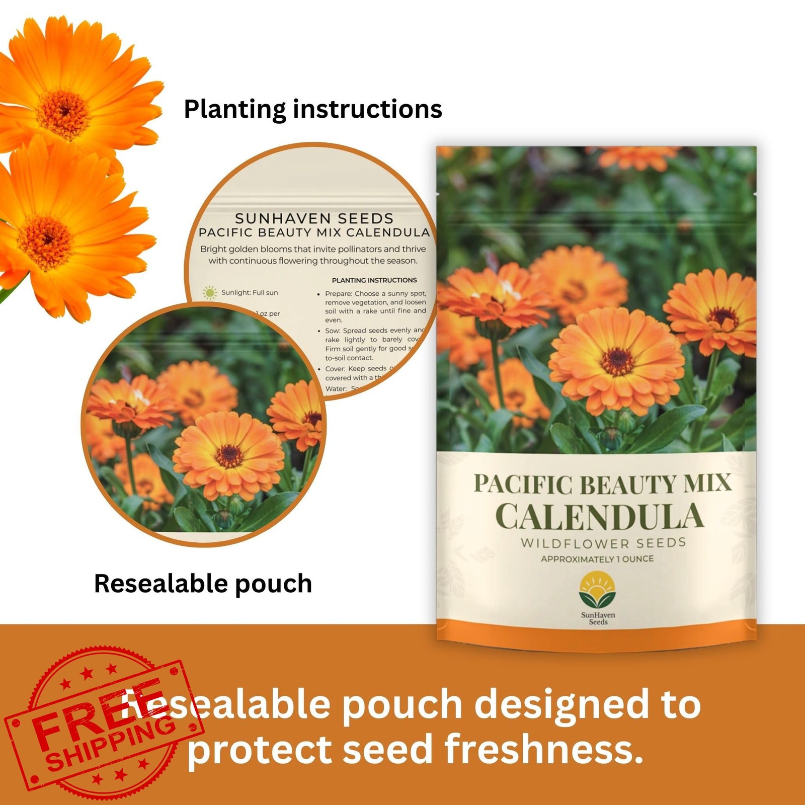 SunHaven Calendula Seeds Pacific Beauty Mix, 1 oz Bulk Packet