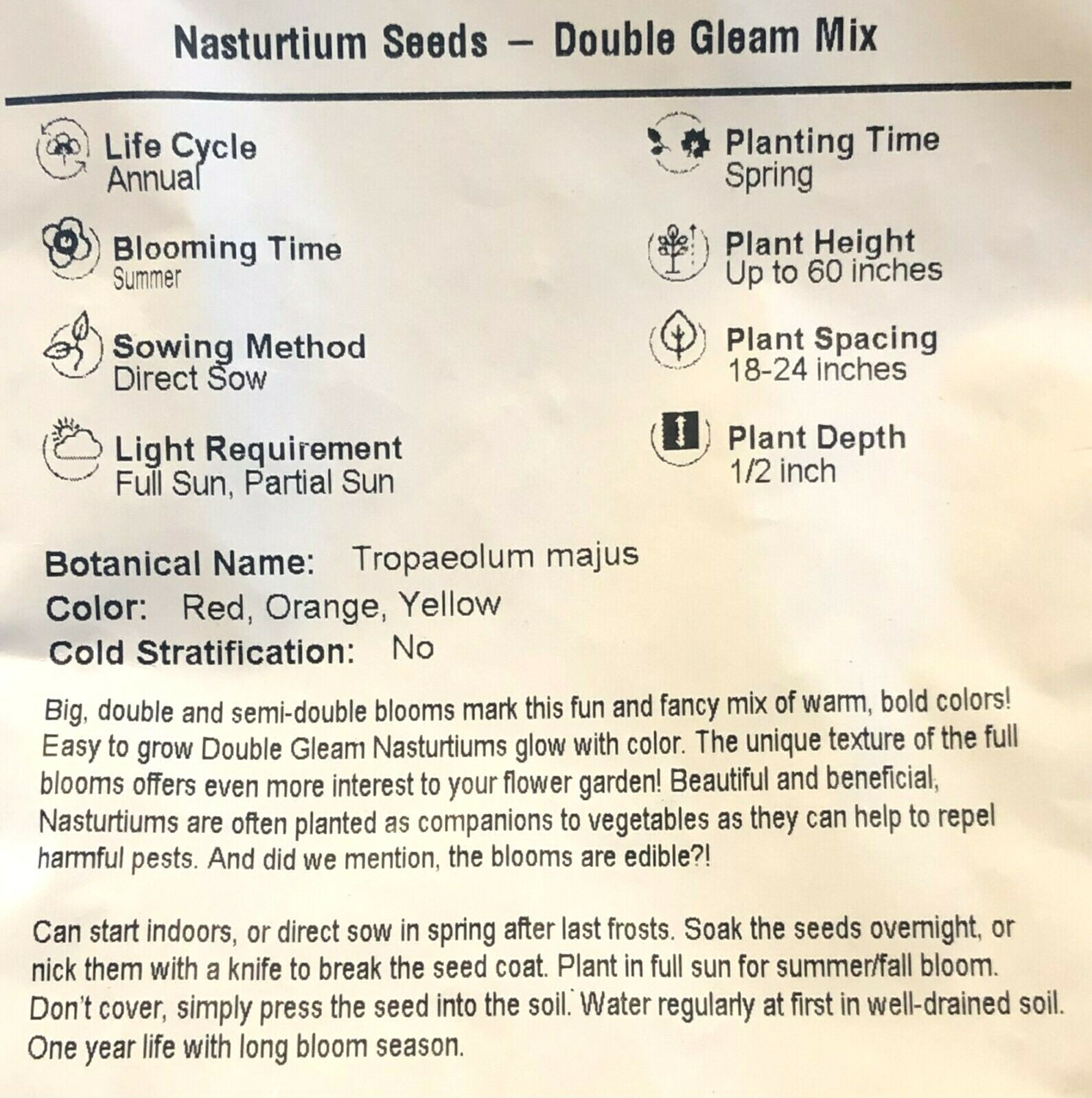 Nasturtium DOUBLE GLEAM Heirloom Pollinator Attractor EDIBLE Non-GMO 20 Seeds