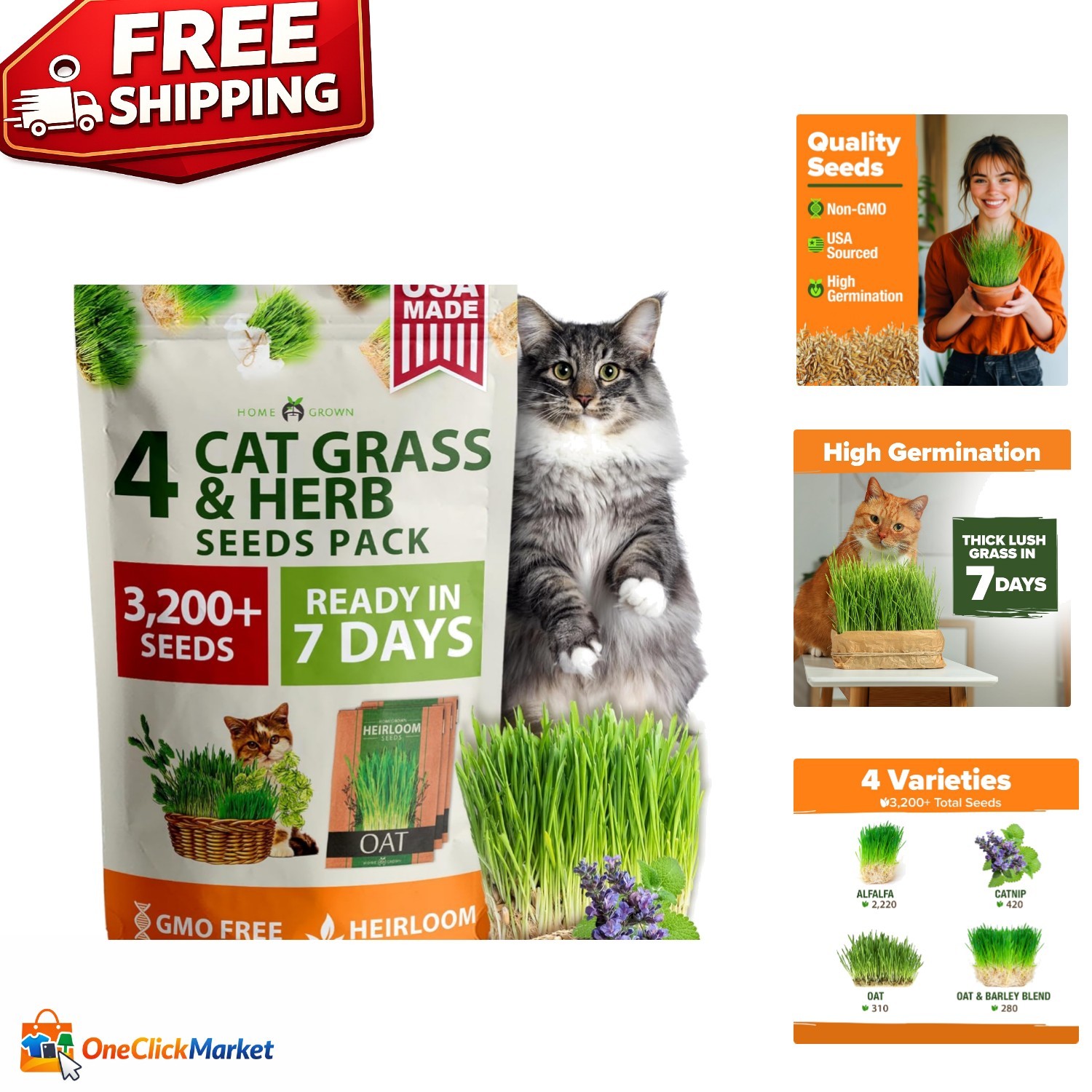 3200+ Cat Grass Seeds – Nutrient-Rich Oat & Alfalfa for Hairball Relief