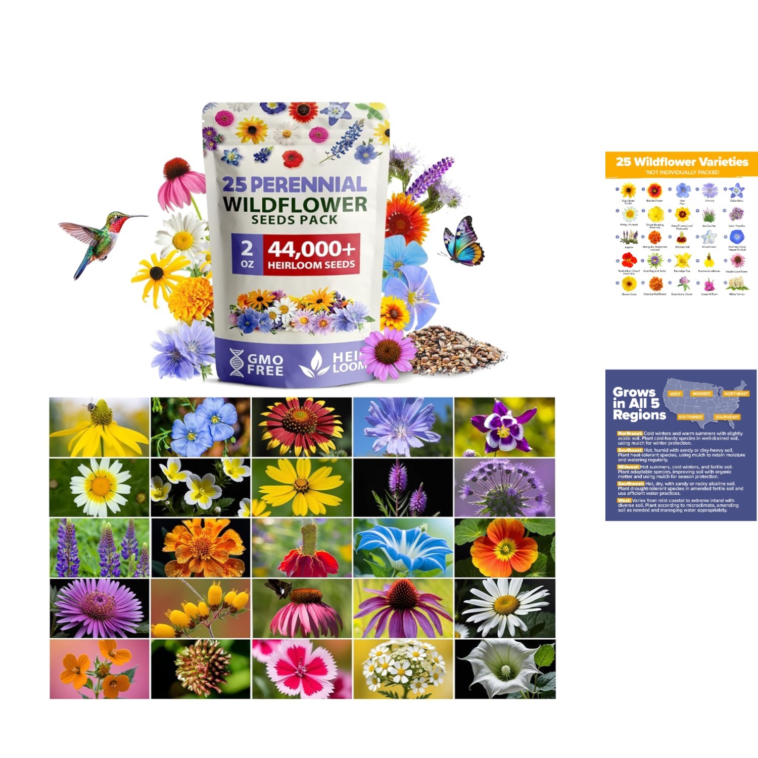 44,000 Seeds – Vibrant Wildflower Mix for Full Sun & Shade – Easy Grow Guide