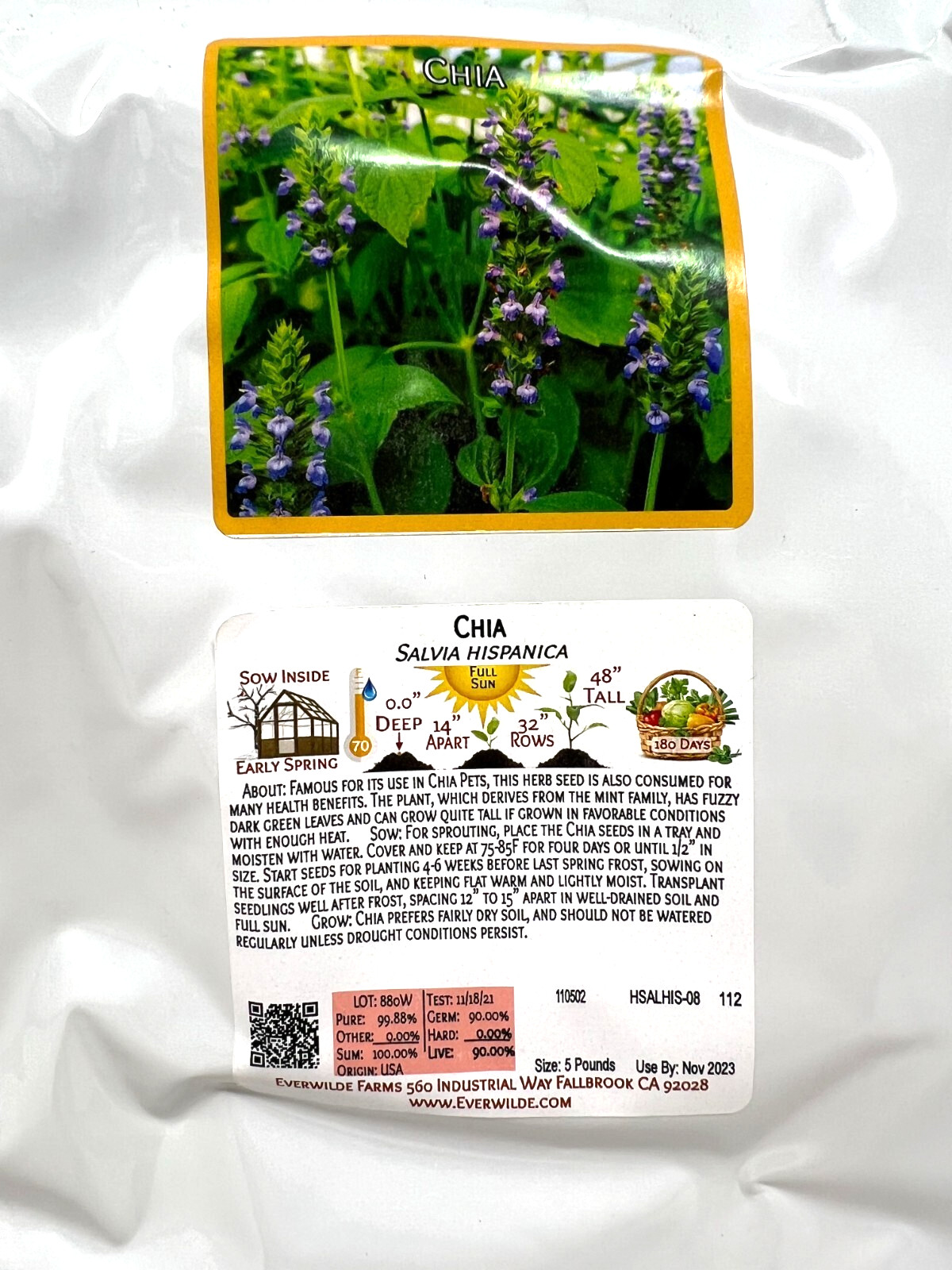 Chia Seeds Growing 5 Lb Everwilde Farms Non-GMO Flower Herb Mylar Packet 11/23