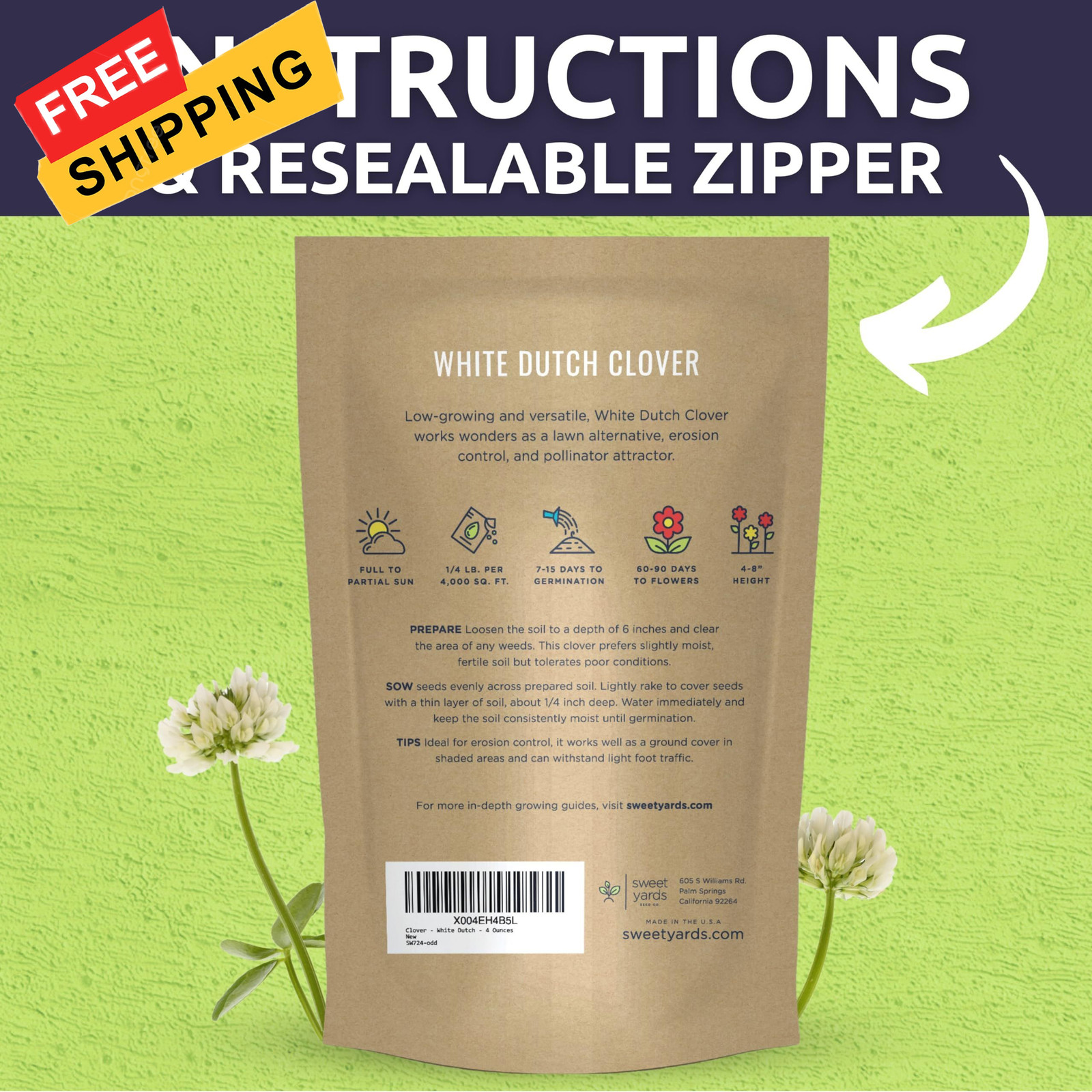 White Dutch Clover – Bulk 1/4 Pound Pouch – Bag (150,000 Seeds)