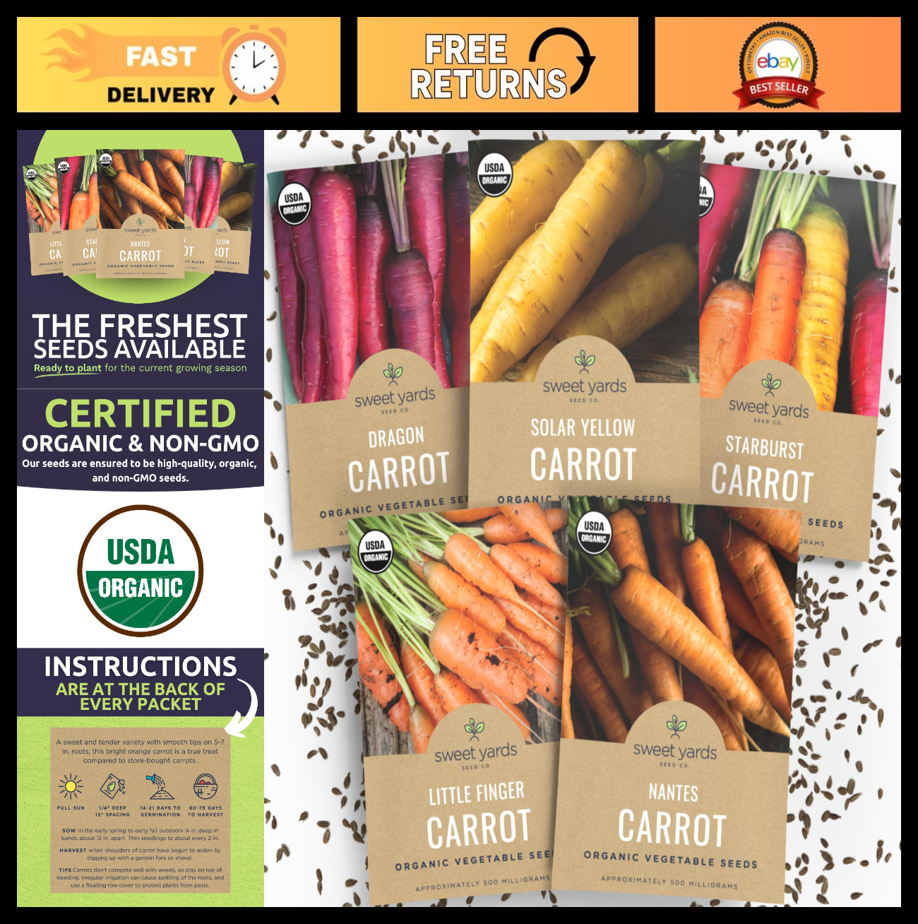 Organic Carrot Seeds Variety Pack – 5 Non-GMO Packs for Indoor & Outdoor Plantin