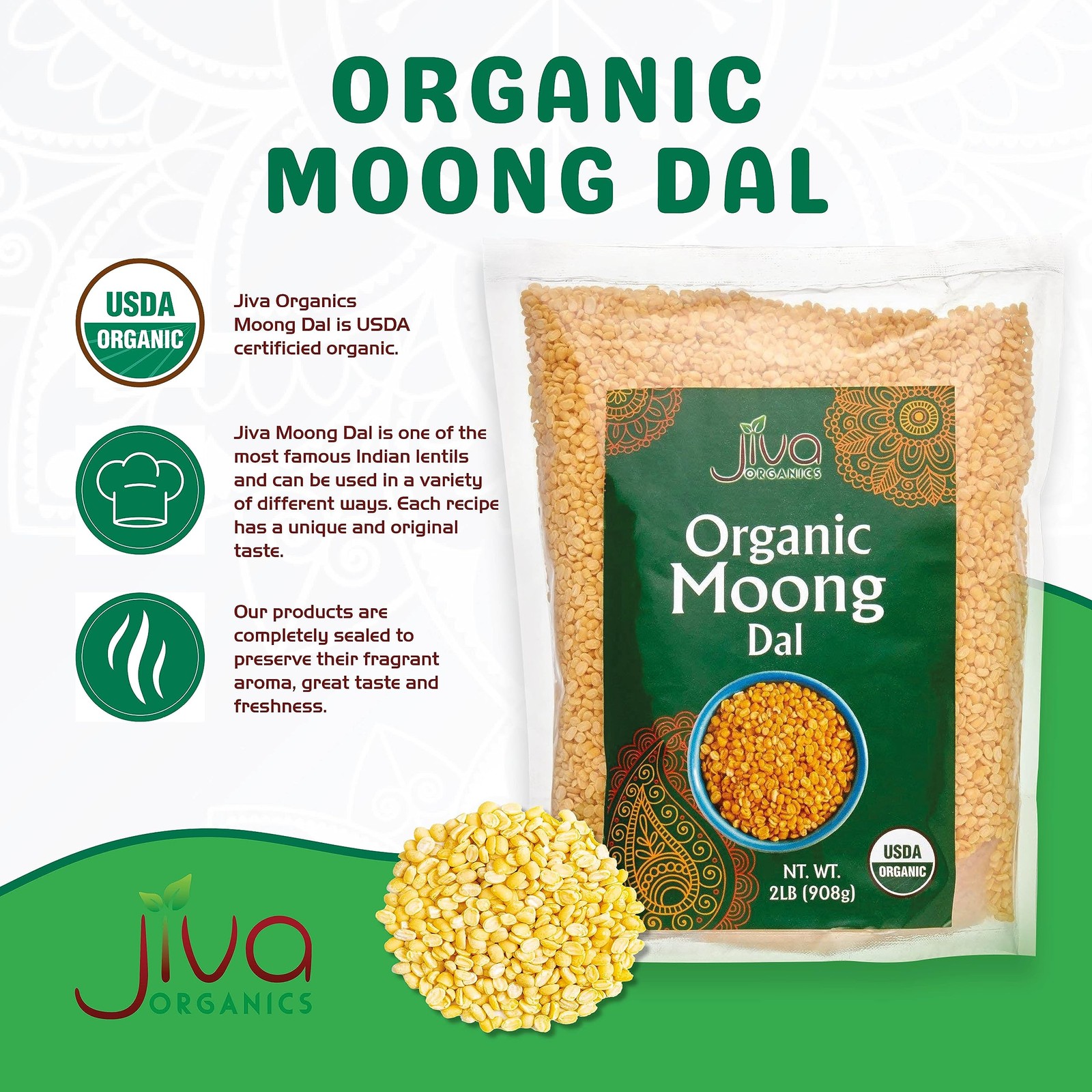 Jiva Organic Yellow Moong Dal 2 LB – Non-GMO, Gluten Free, Mung Beans