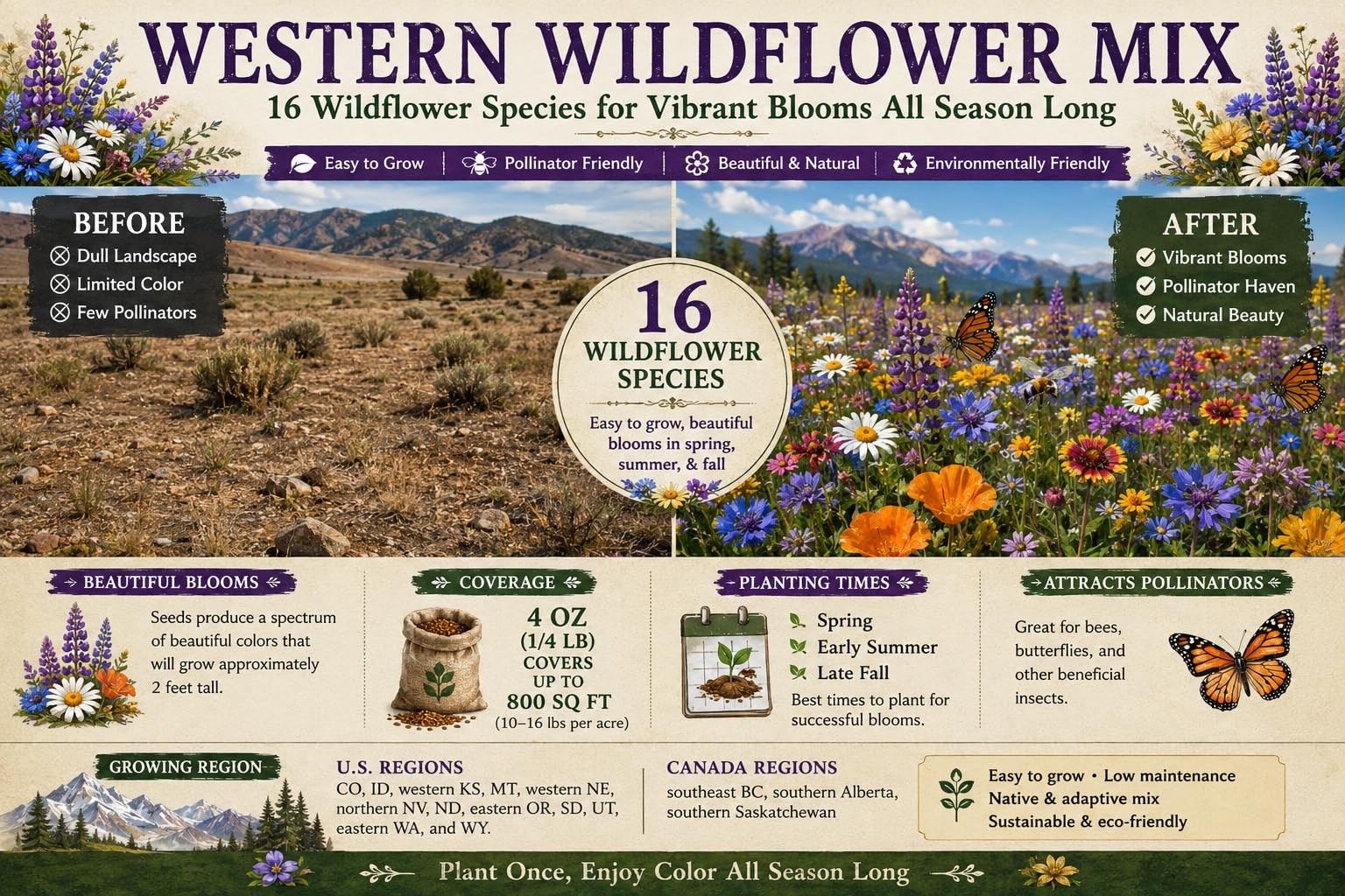 Utah Wildflower Seed Mix, 1/4 lb Covers 800 sq ft, Multi-Color Perennial and …