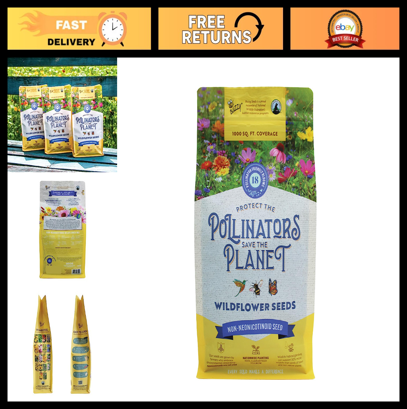 Wildflower Pollinator Seed Mix – 1lb, 18 Varieties, Eco-Friendly, Coneflower, Su