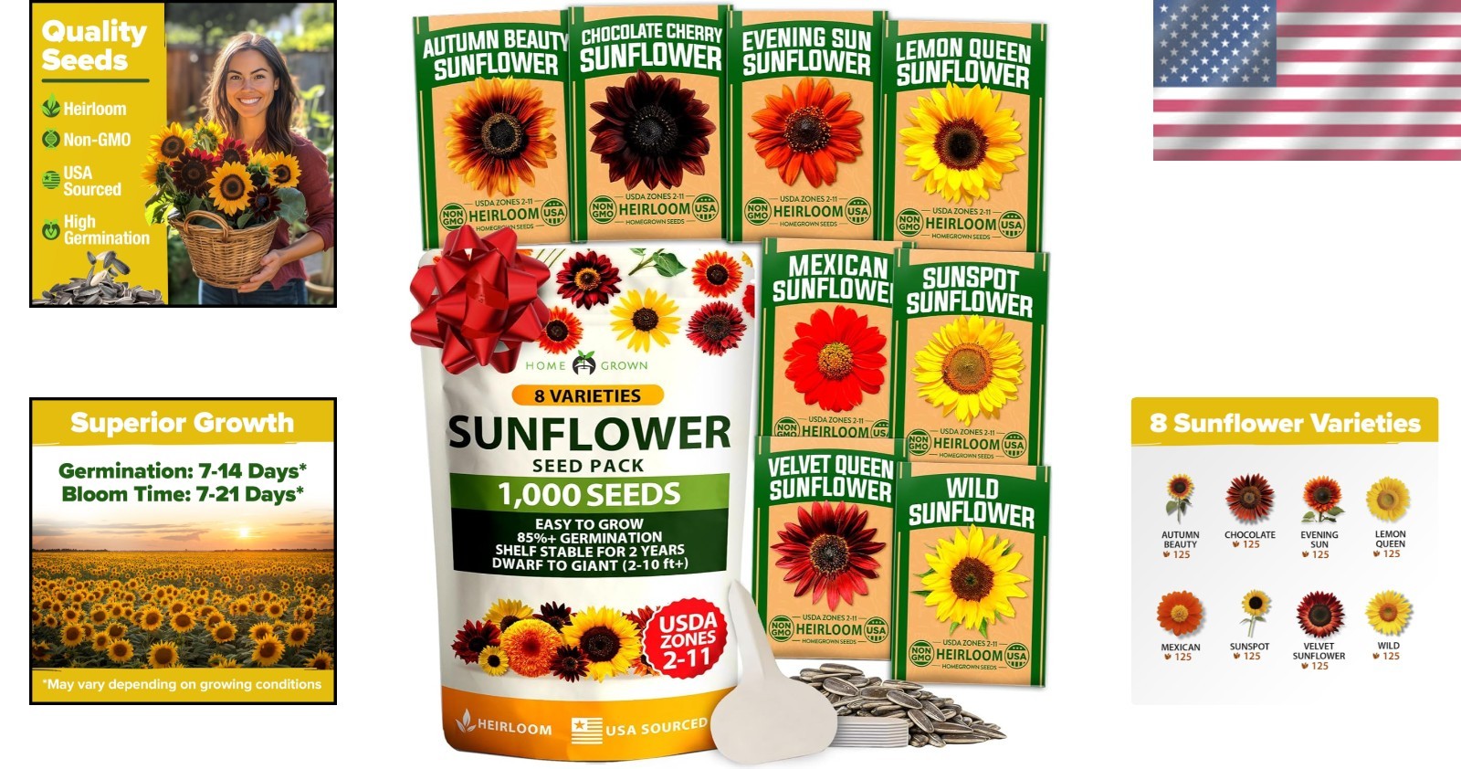 Vibrant Sunflower Garden Set: 1000+ Heirloom Seeds Across 8 Stunning Varieties