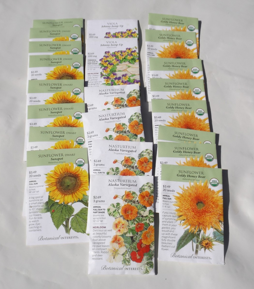 Lot #1 20 packs Botanical Interests seeds, sunflower, jump-up, nasturtium