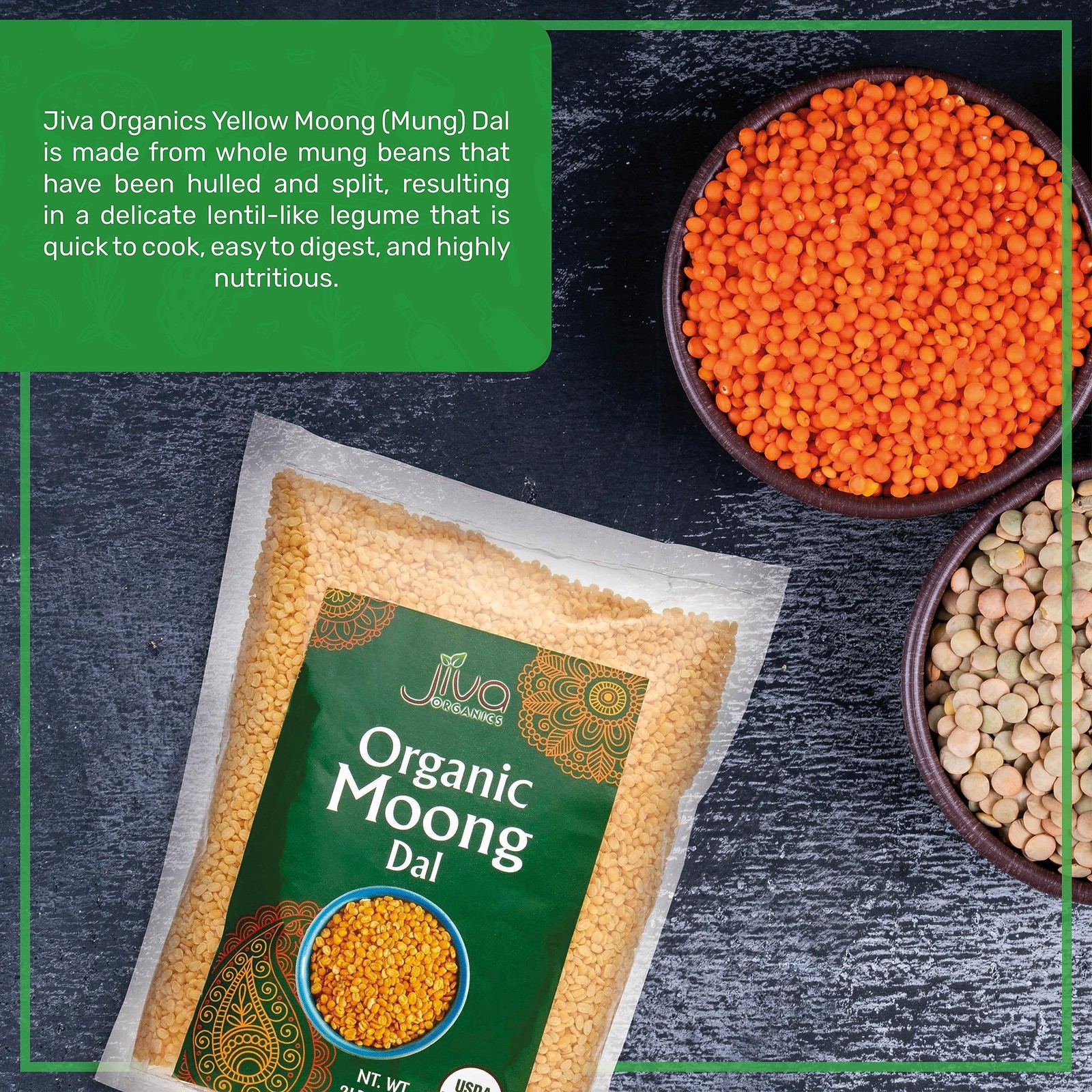 Jiva Organic Yellow Moong Dal 2 LB – Non-GMO, Gluten Free, Mung Beans