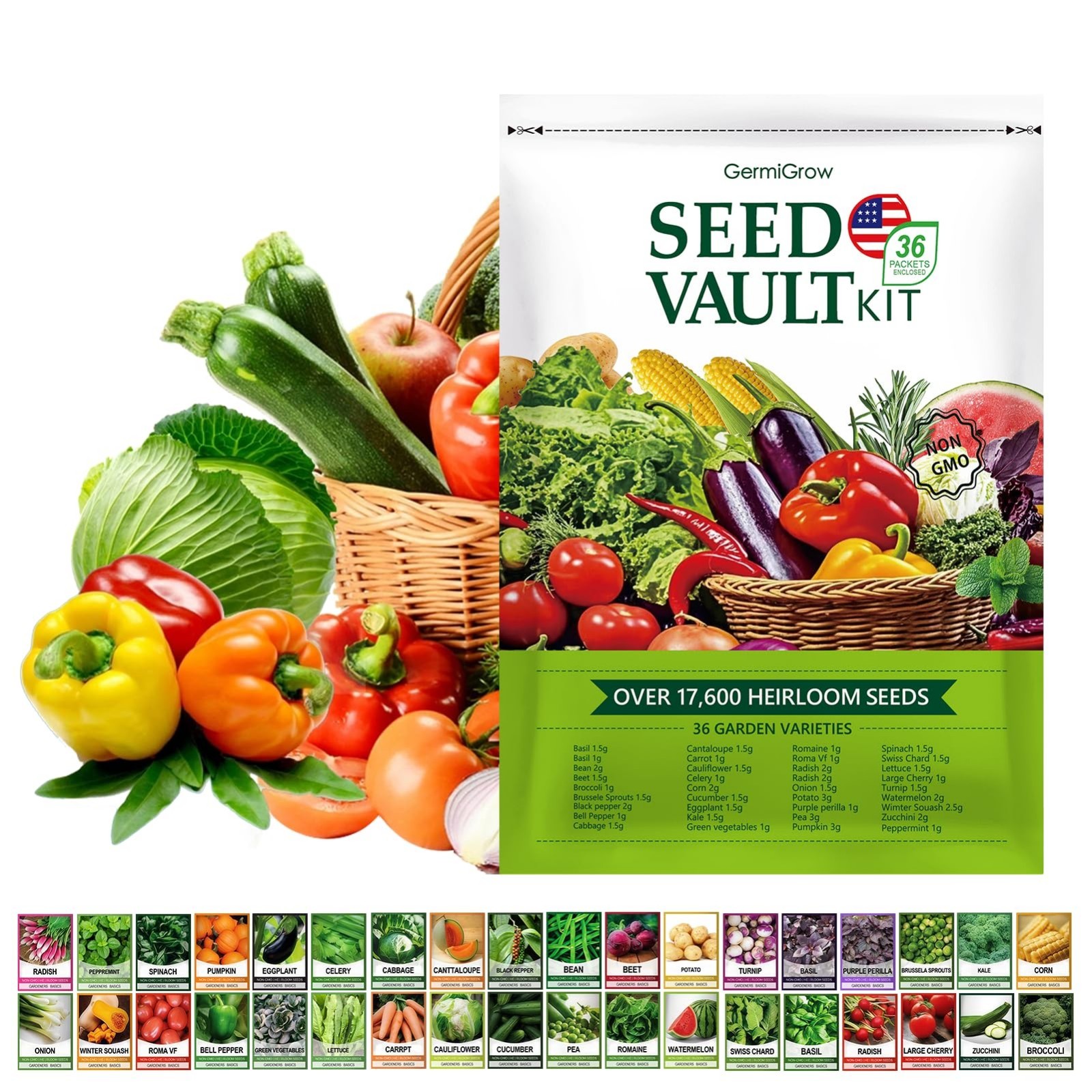 36 Vegetable Seed Variety Pack – 17,600+ Non-GMO Heirloom Seeds for Indoor/Outdo
