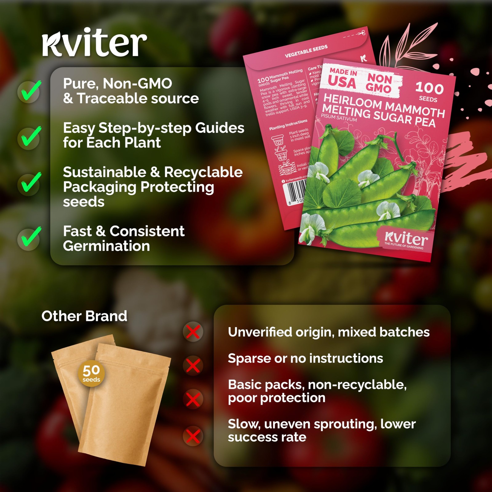 KVITER 100 Mammoth Melting Snow Pea Seeds (Pisum Sativum)