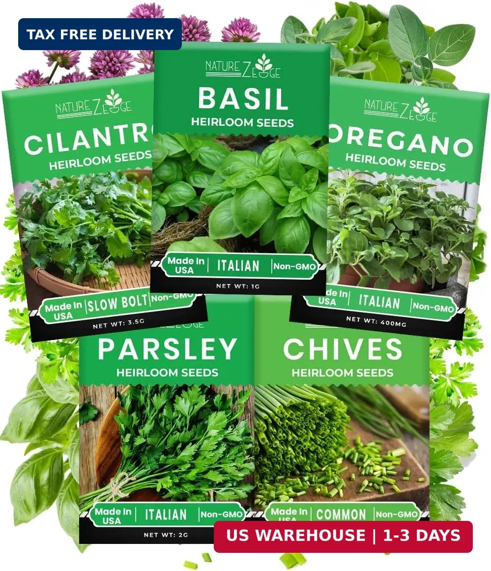 5 Herb Seeds Variety Kit, Oregano, Cilantro, Parsley, Basil, Chives