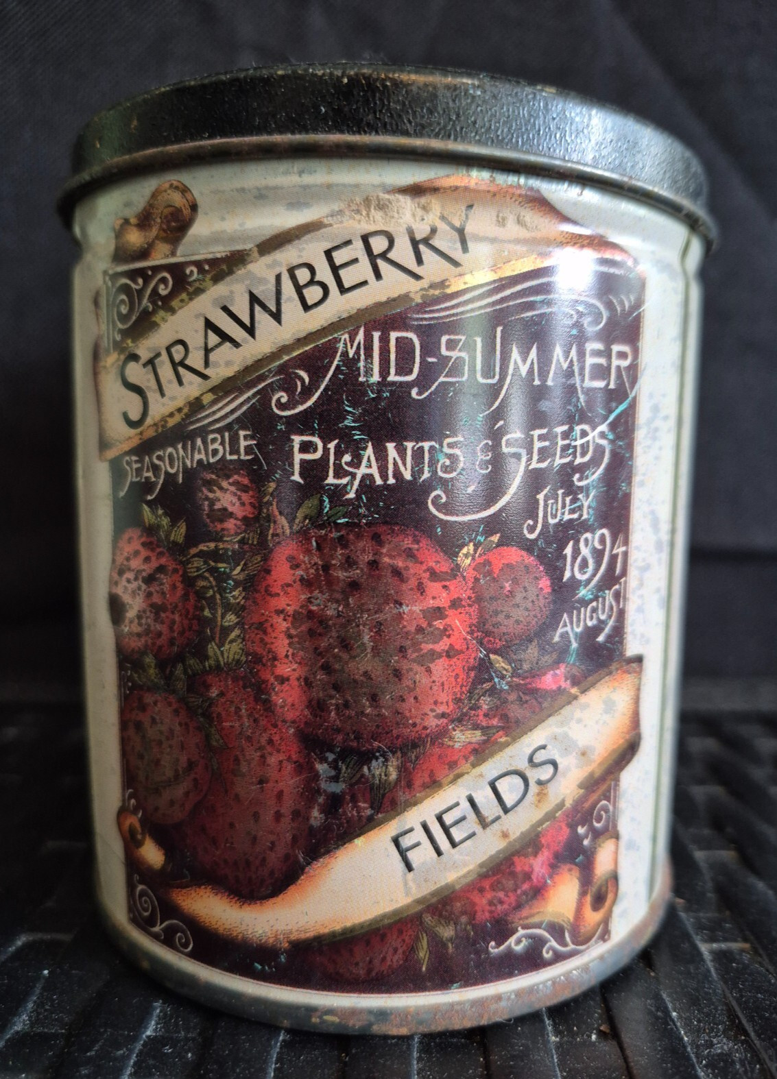 Strawberry fields Mid-Summer Plants & Seeds Collectible Farmhouse Tin Vtg Ad