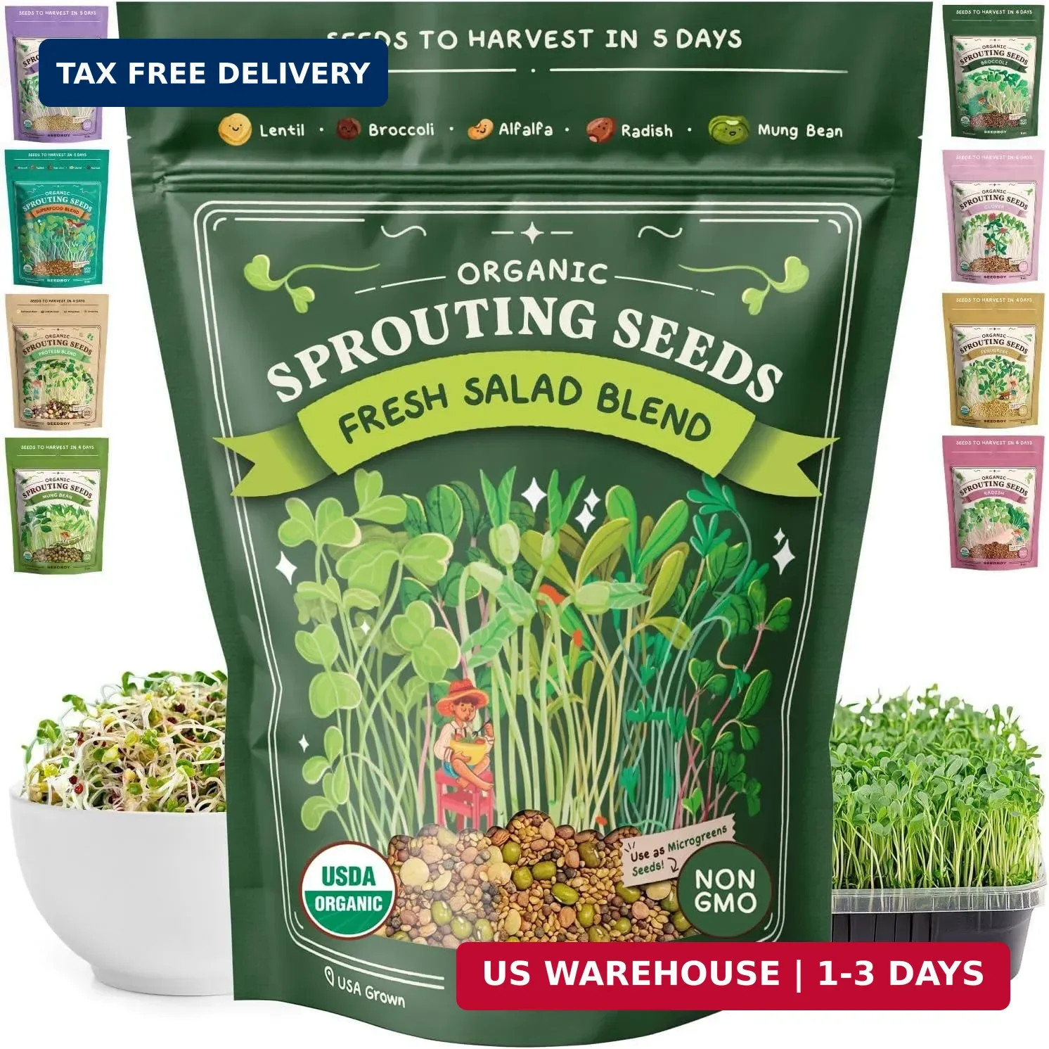 Seedboy Organic Non-GMO Sprouting Seeds, Fresh Salad Blend – USA Grown Microgree