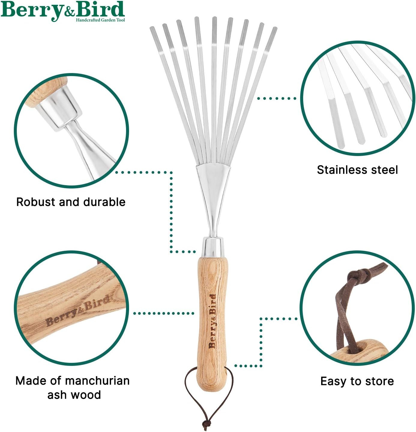 Gardening Hand Shrub Rake, 14.7″ Stainless Steel Grass Rake, 9 Tines Fan Lawn Le