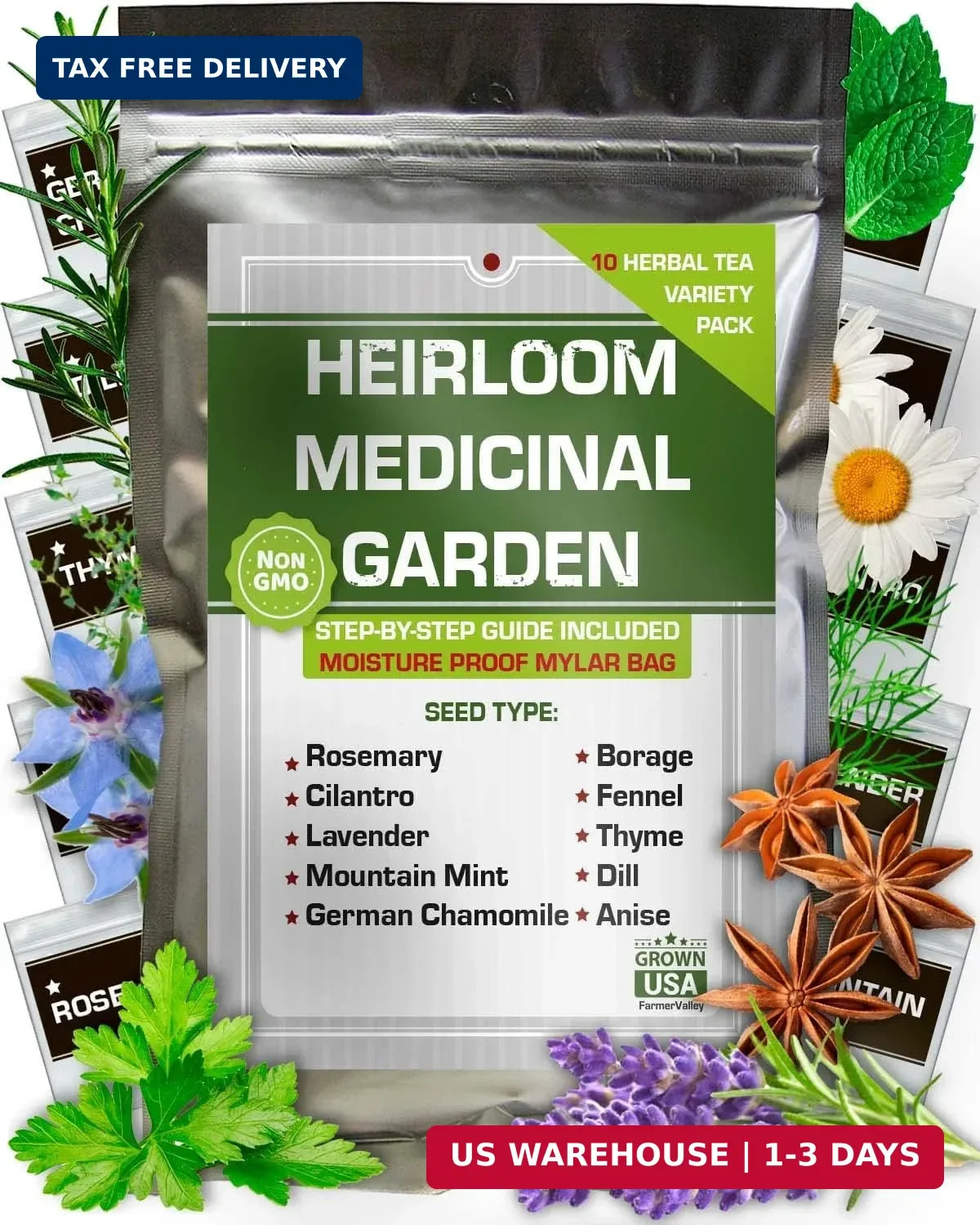 10 Medicinal Herb Seeds – Heirloom, Non GMO, USA Made – 2050 Most Needed Herbal