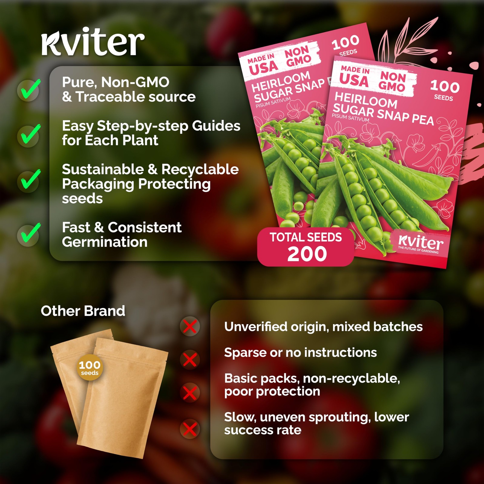 KVITER 200 Sugar Snap Peas Seeds (Pisum Sativum), 2 Pack