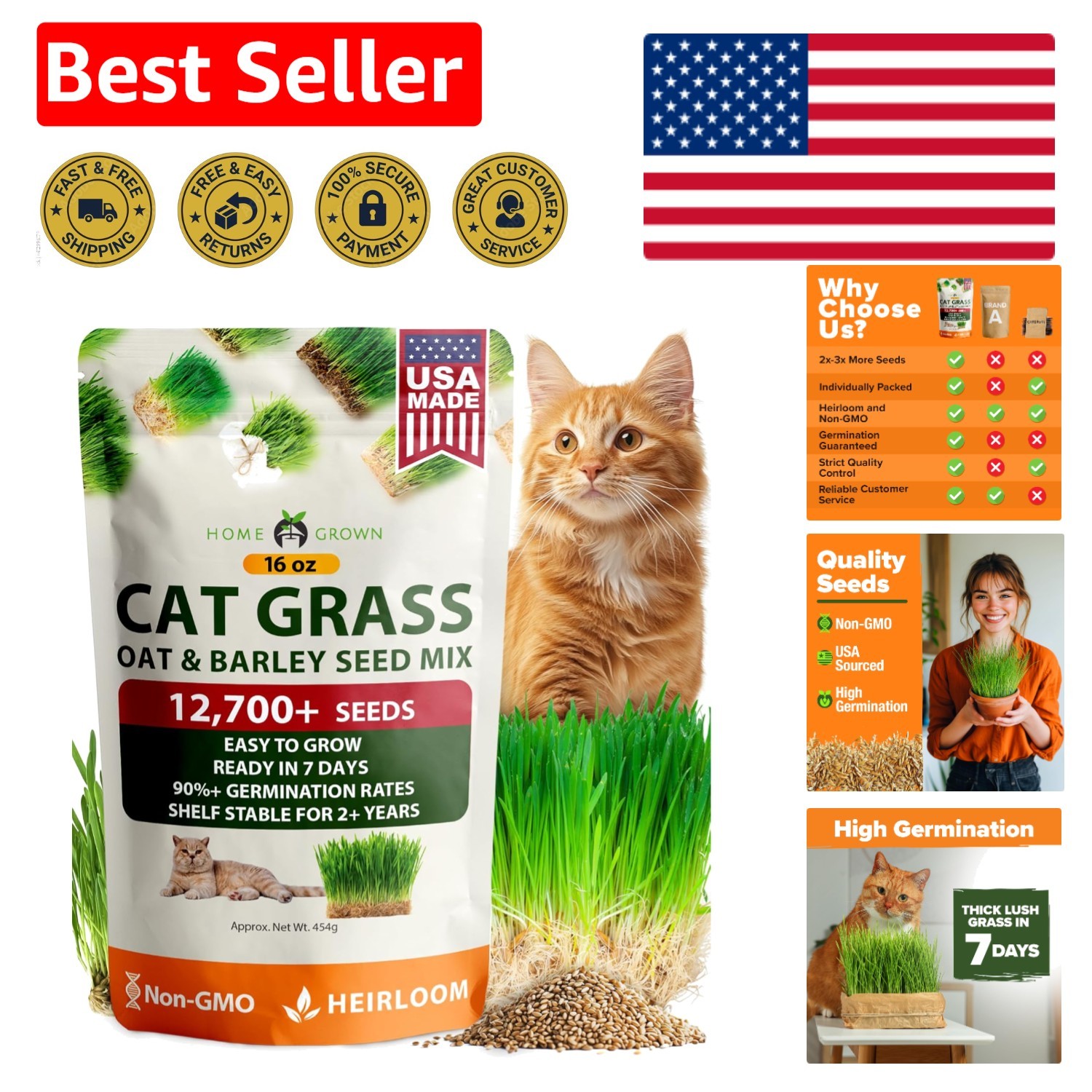 Pet Friendly Cat Grass Seeds – 1lb Non-GMO Oat & Barley for Indoor Chewing